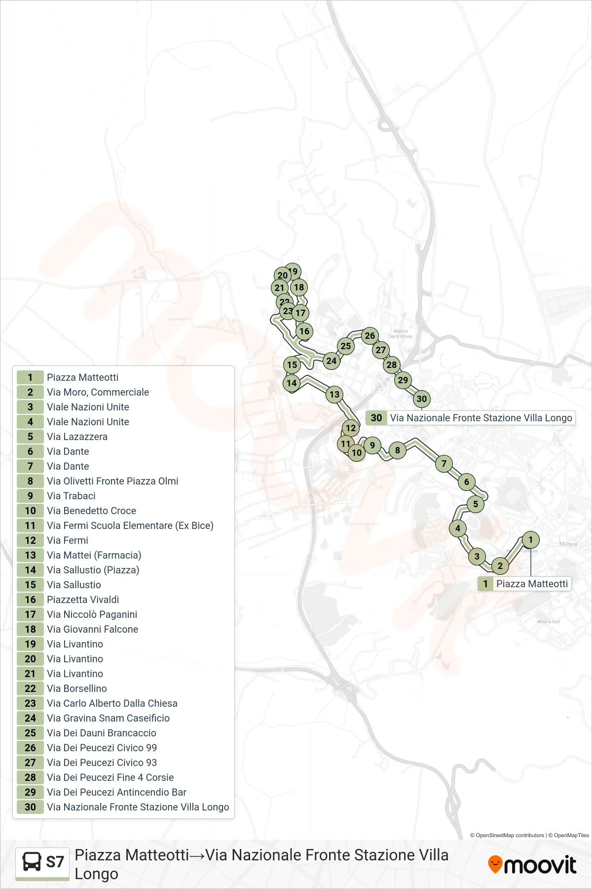 Linea S7 tram (Piazza Matteotti→Via Nazionale Fronte Stazione Villa Longo) - Percorsi e fermate sulla mappa