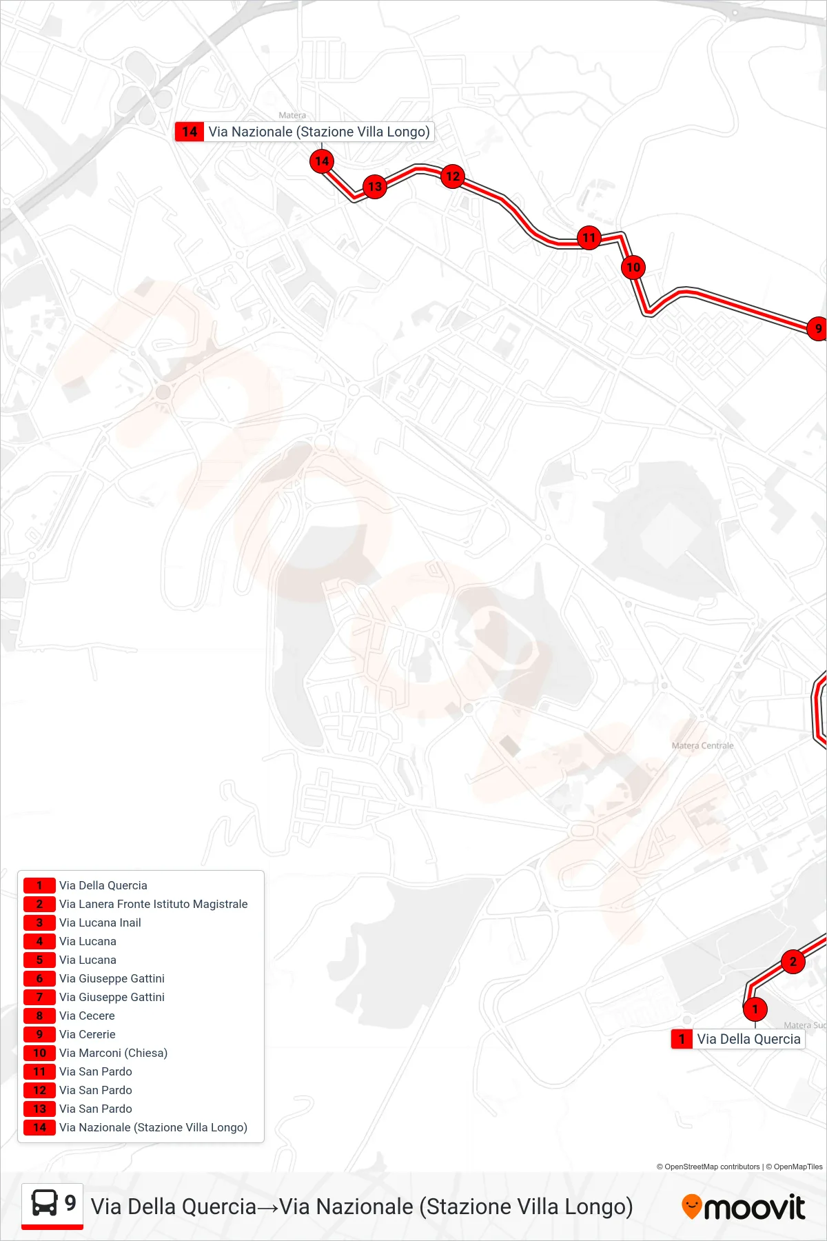 Linea 9 tram (Via Della Quercia→Via Nazionale (Stazione Villa Longo)) - Percorsi e fermate sulla mappa