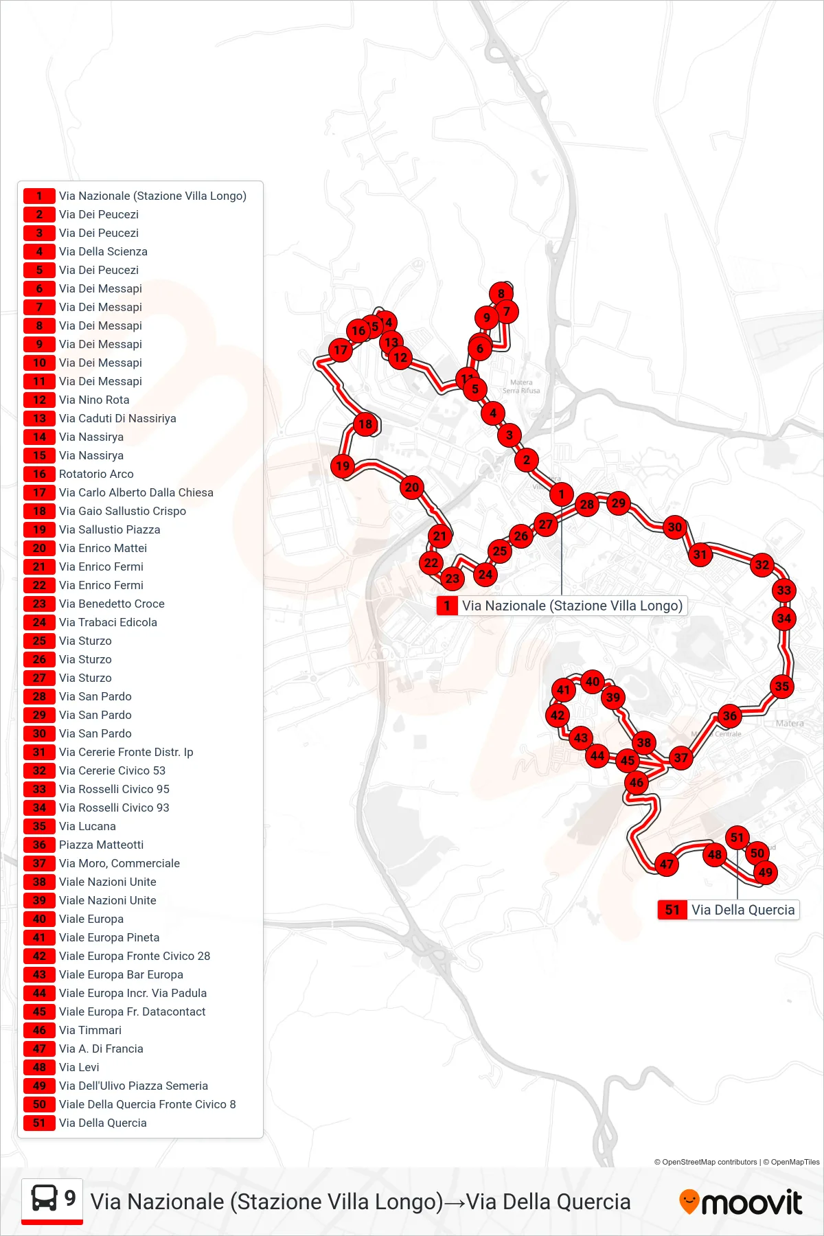 Linea 9 tram (Via Nazionale (Stazione Villa Longo)→Via Della Quercia) - Percorsi e fermate sulla mappa