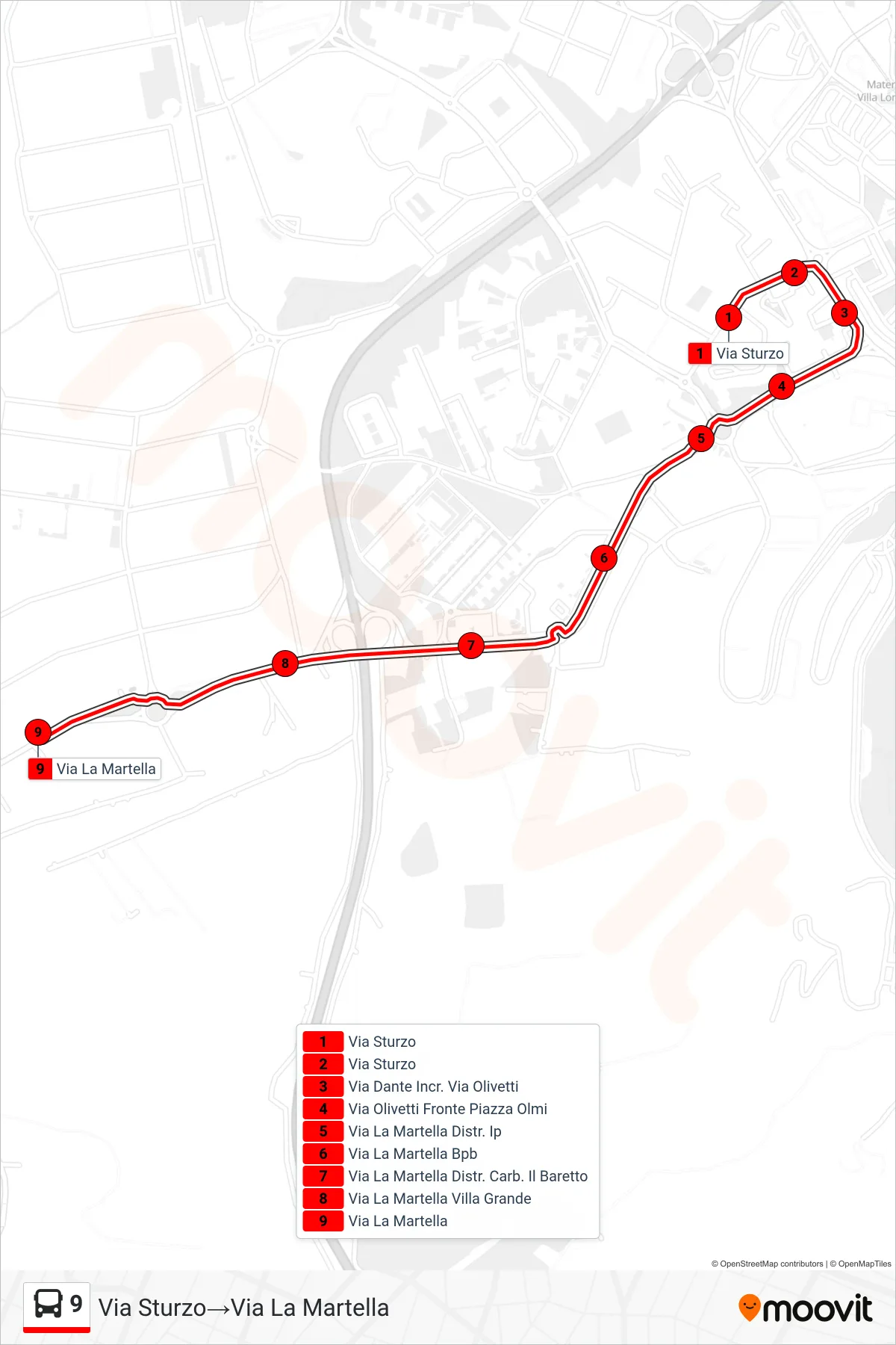 Linea 9 tram (Via Sturzo→Via La Martella) - Percorsi e fermate sulla mappa