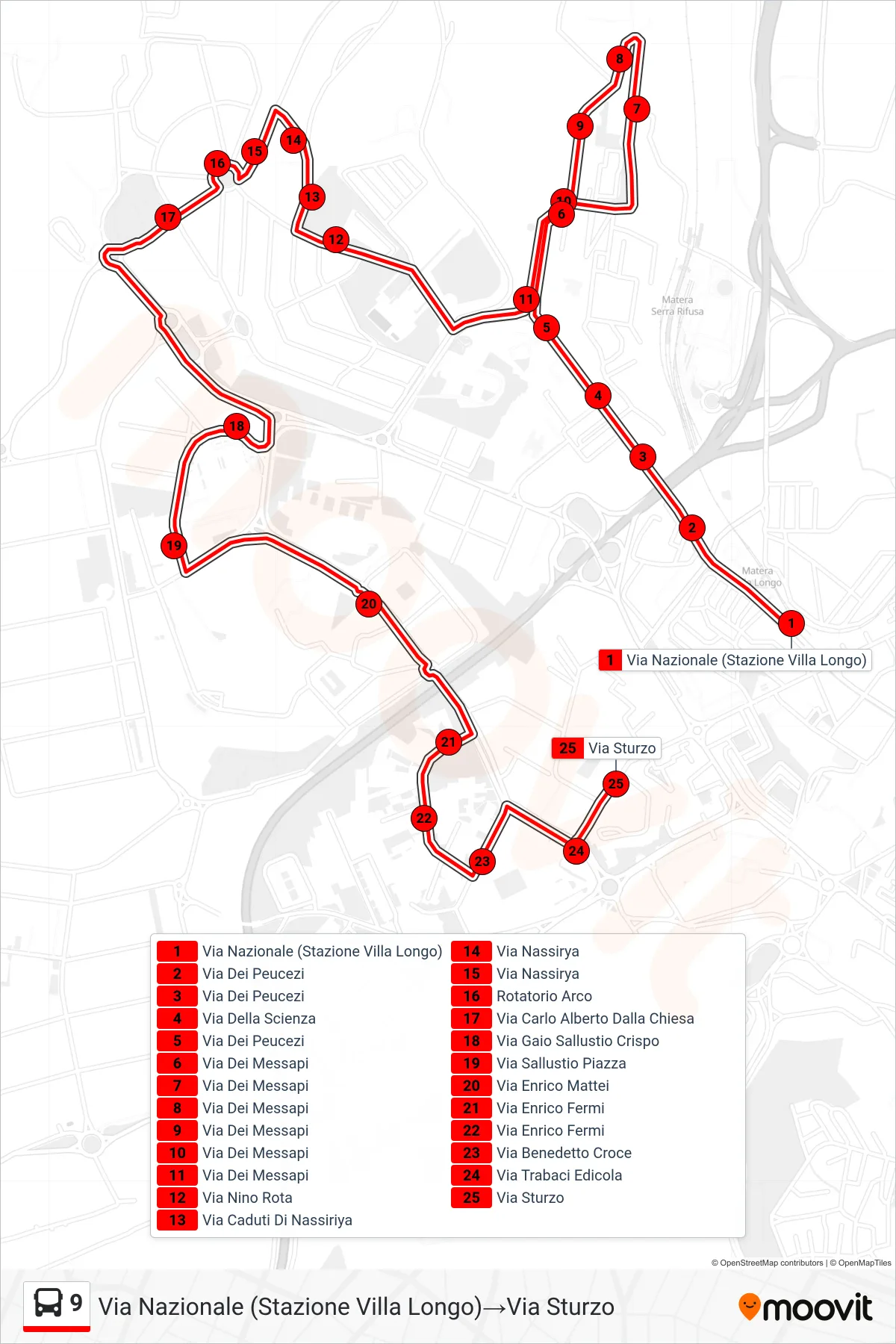 Linea 9 tram (Via Nazionale (Stazione Villa Longo)→Via Sturzo) - Percorsi e fermate sulla mappa