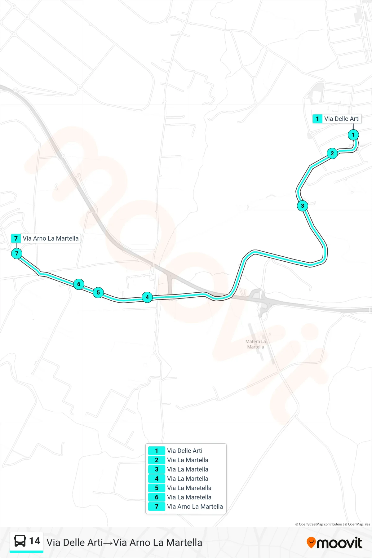 Linea 14 tram (Via Delle Arti→Via Arno La Martella) - Percorsi e fermate sulla mappa