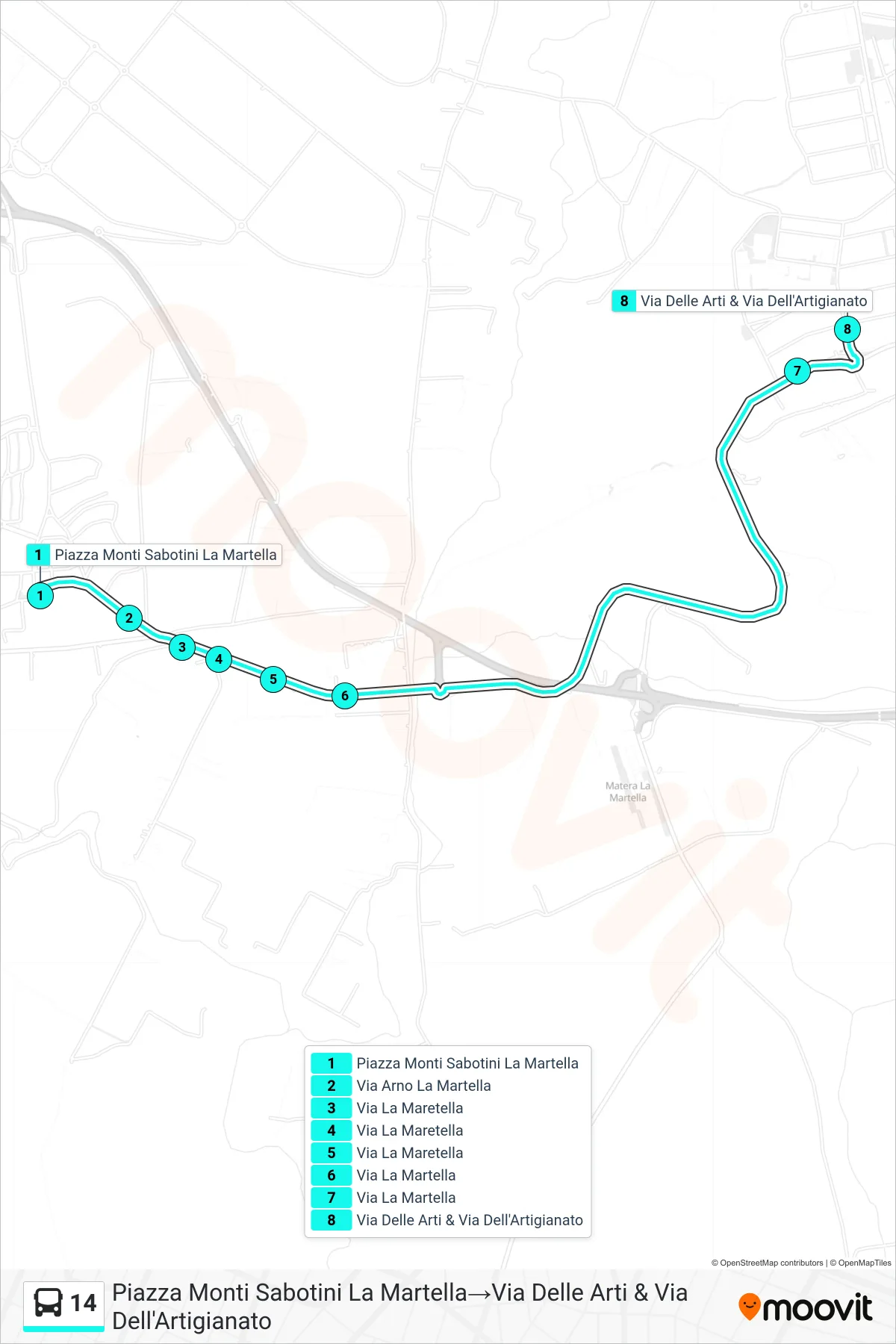 Linea 14 tram (Piazza Monti Sabotini La Martella→Via Delle Arti & Via Dell'Artigianato) - Percorsi e fermate sulla mappa