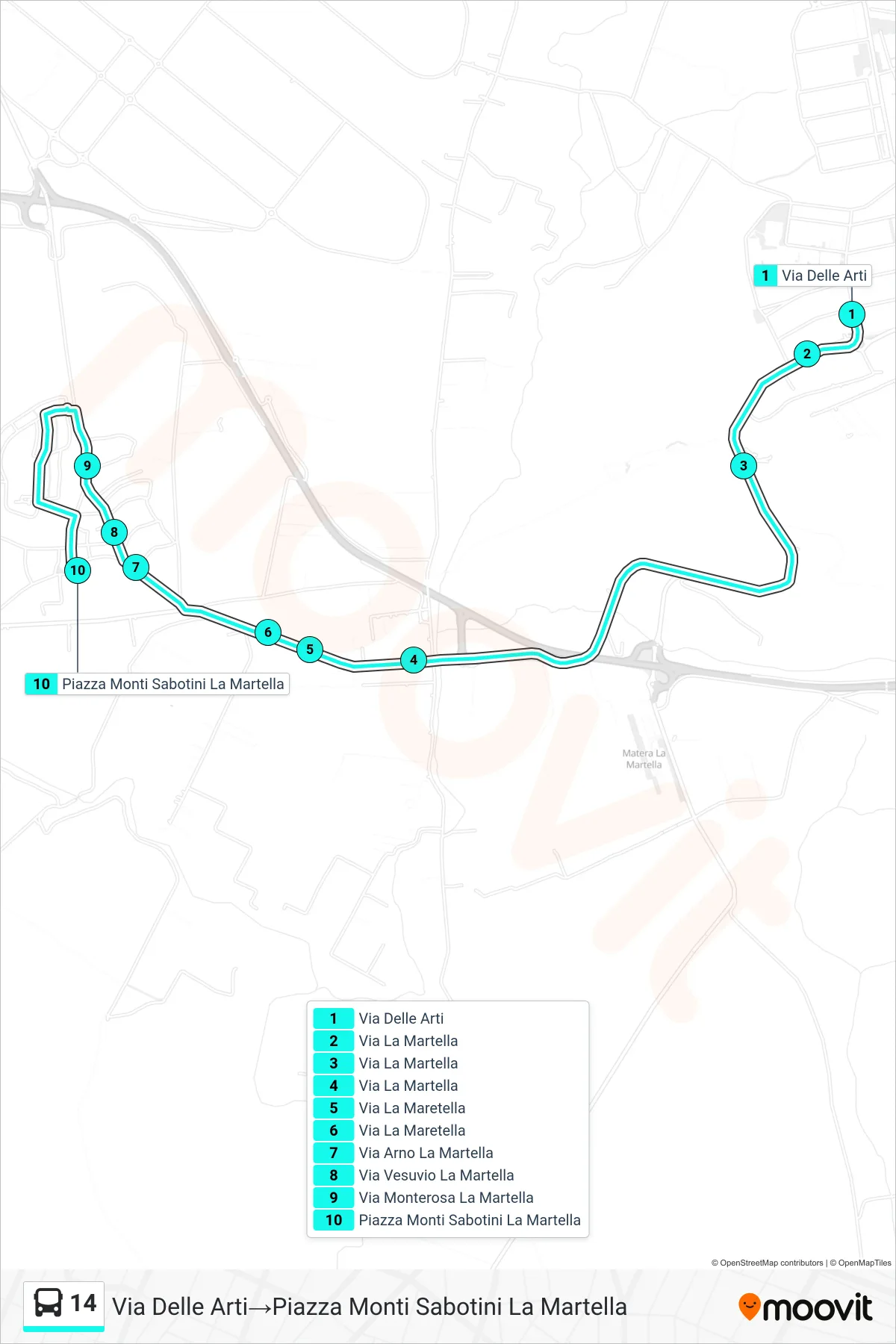 Linea 14  tram (Via Delle Arti‎→Piazza Monti Sabotini La Martella) - Percorsi e fermate sulla mappa