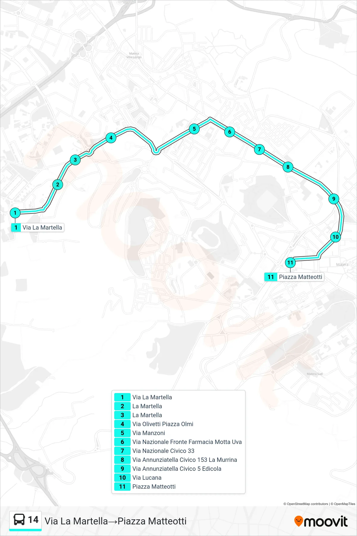 Linea 14  tram (Via La Martella‎→Piazza Matteotti) - Percorsi e fermate sulla mappa