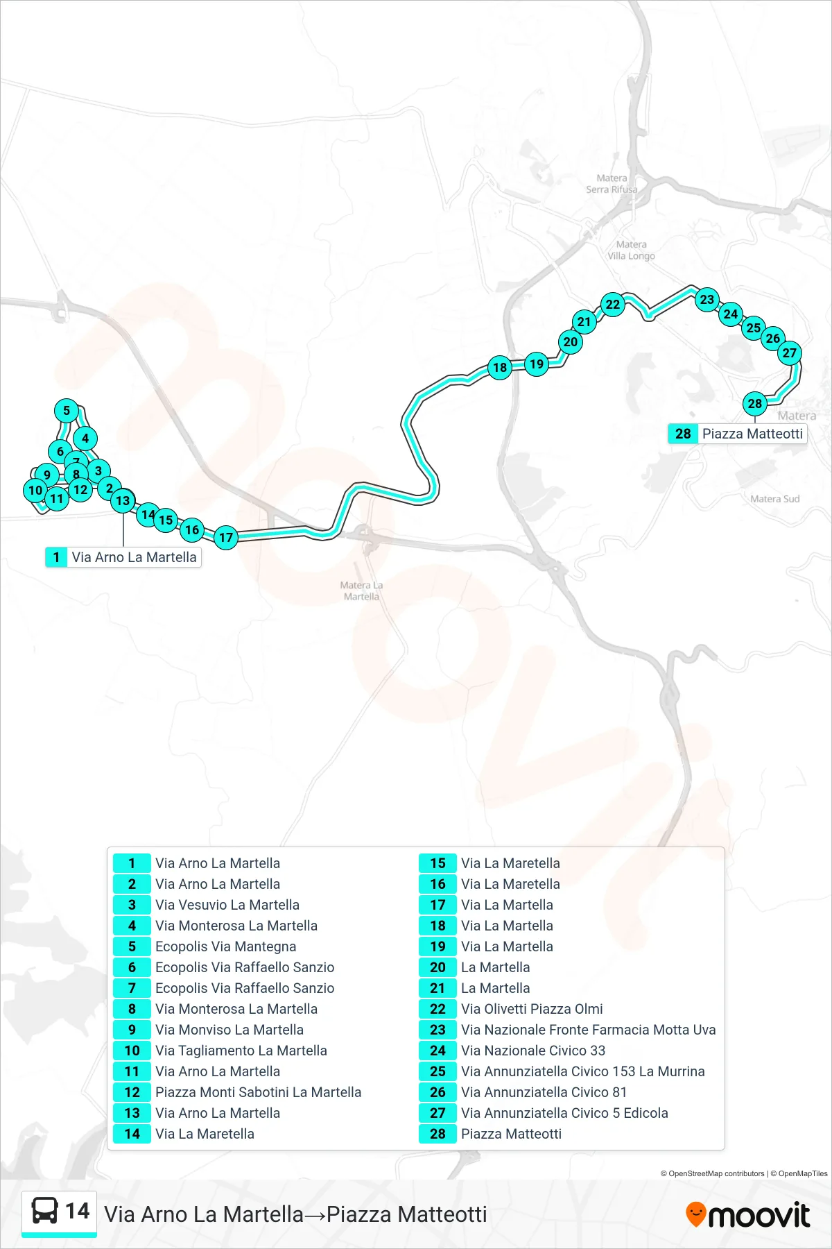 Linea 14 tram (Via Arno La Martella→Piazza Matteotti) - Percorsi e fermate sulla mappa