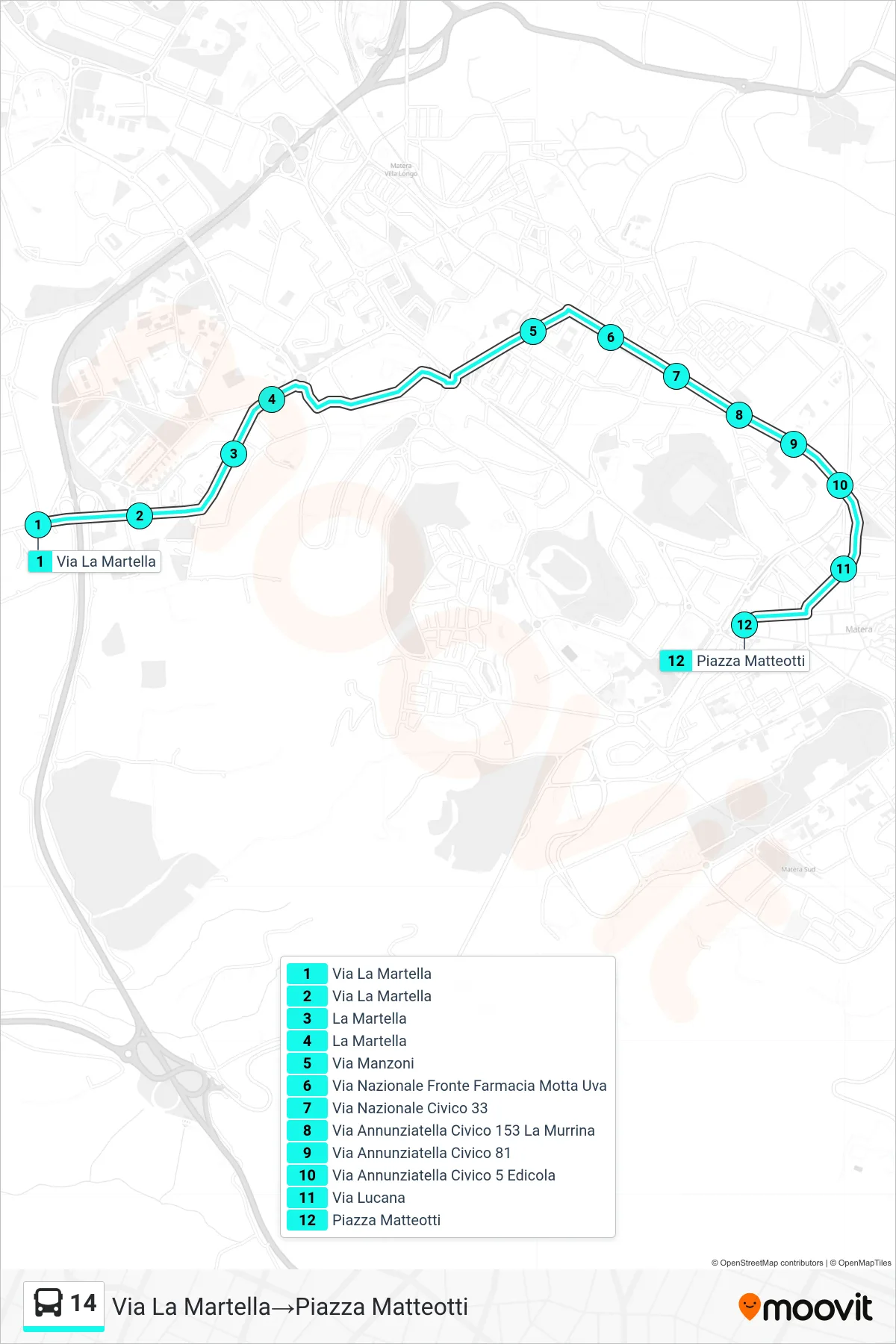 Linea 14  tram (Via La Martella‎→Piazza Matteotti) - Percorsi e fermate sulla mappa