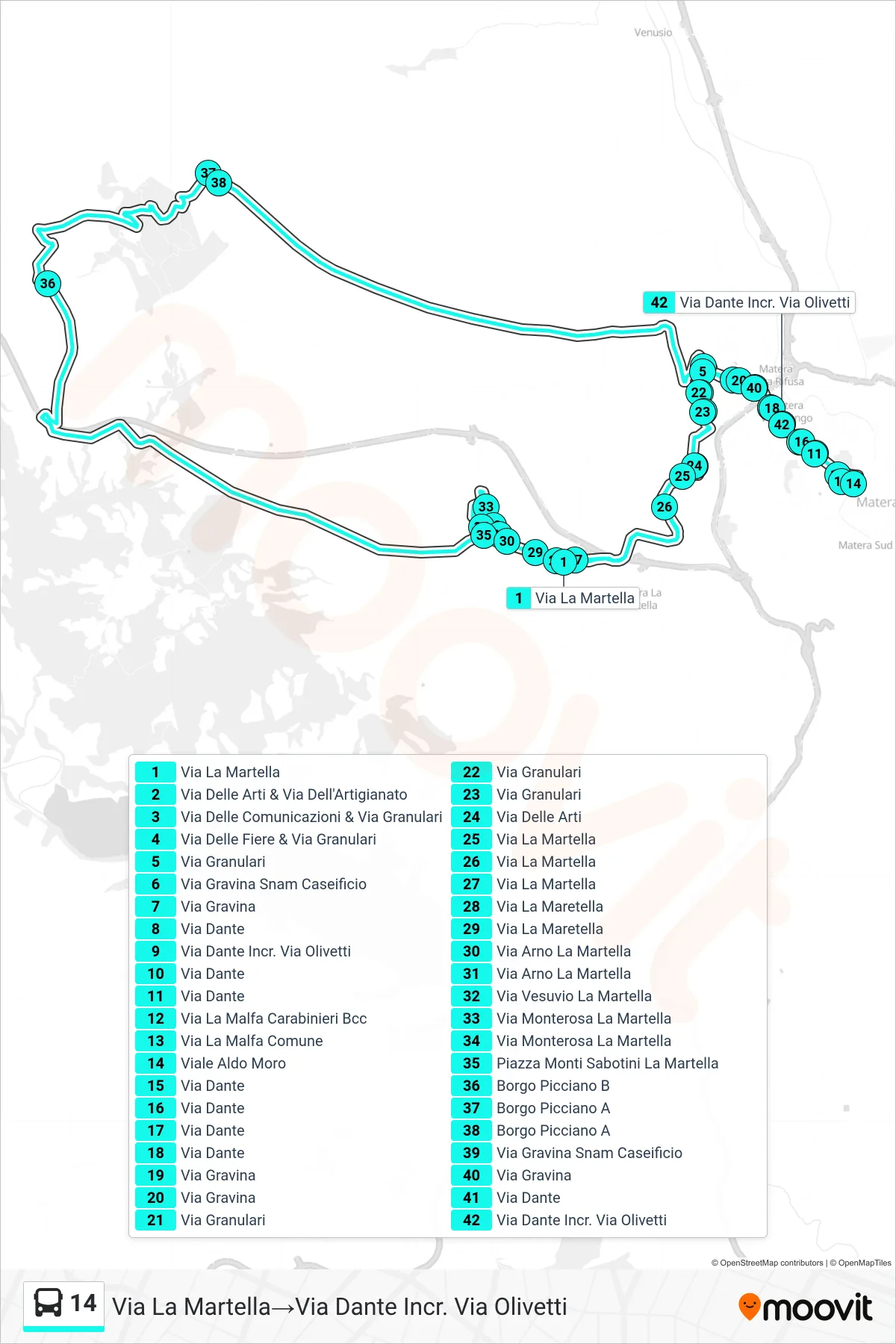 Linea 14 tram (Via La Martella→Via Dante Incr. Via Olivetti) - Percorsi e fermate sulla mappa