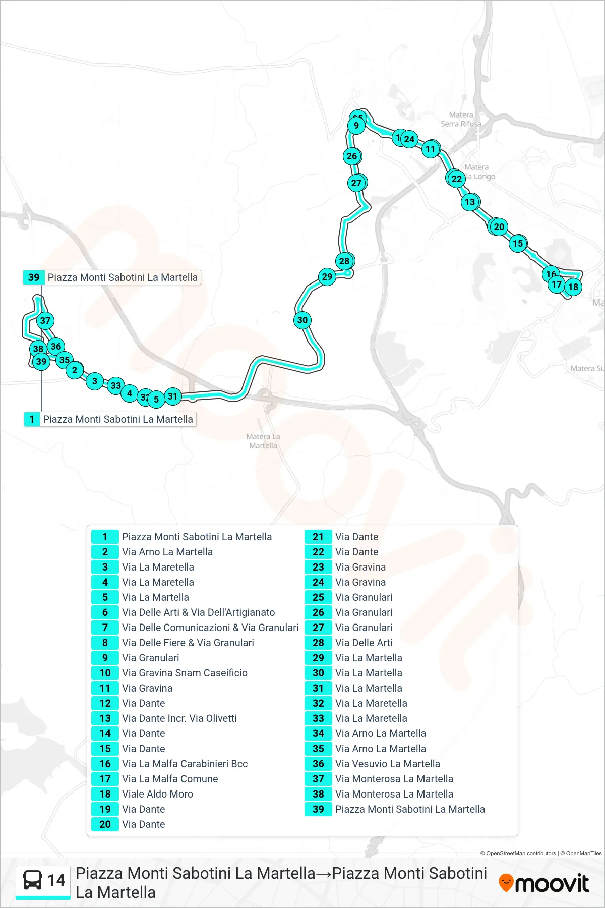 Linea 14 tram (Piazza Monti Sabotini La Martella→Piazza Monti Sabotini La Martella) - Percorsi e fermate sulla mappa