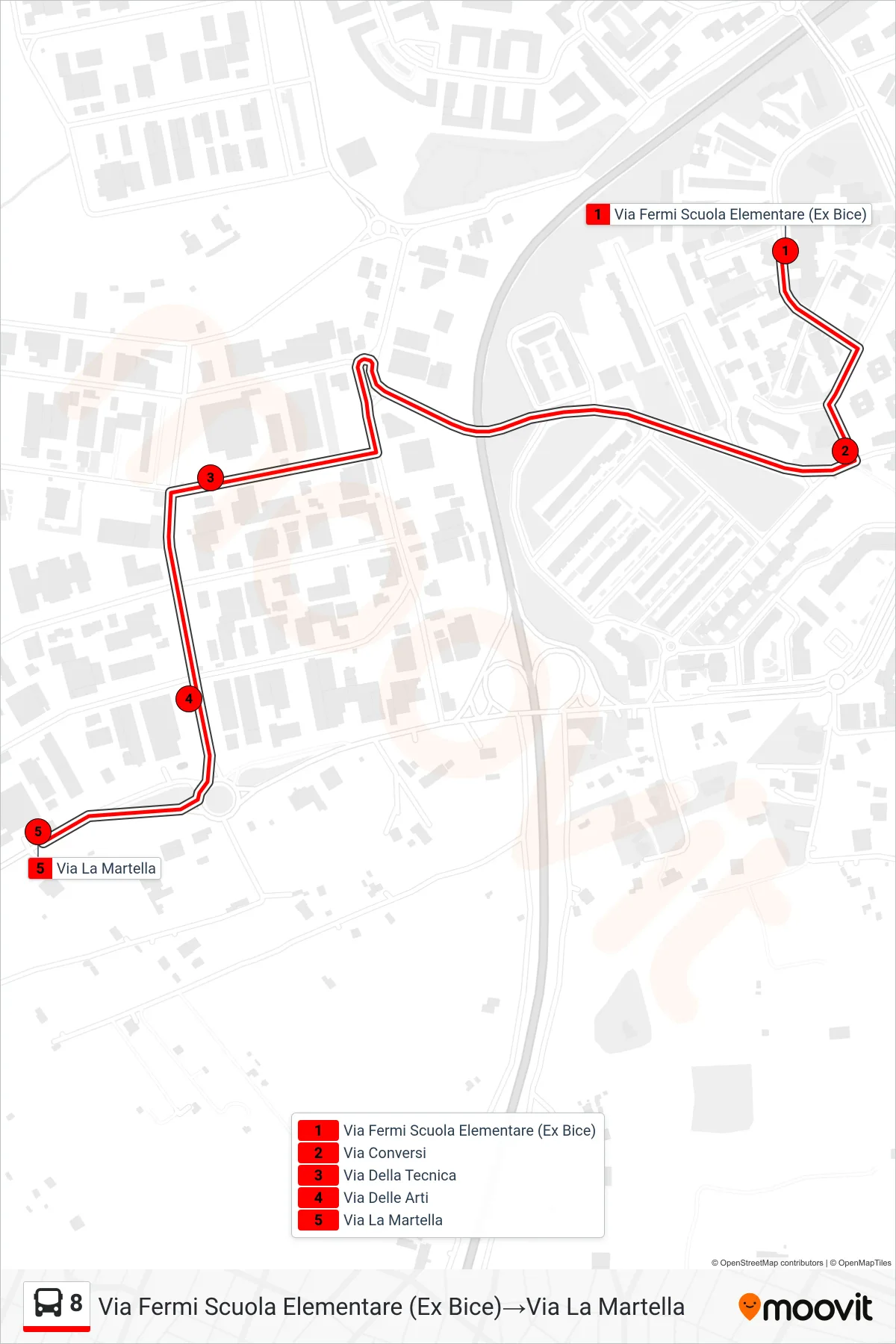 Linea 8 tram (Via Fermi Scuola Elementare (Ex Bice)→Via La Martella) - Percorsi e fermate sulla mappa