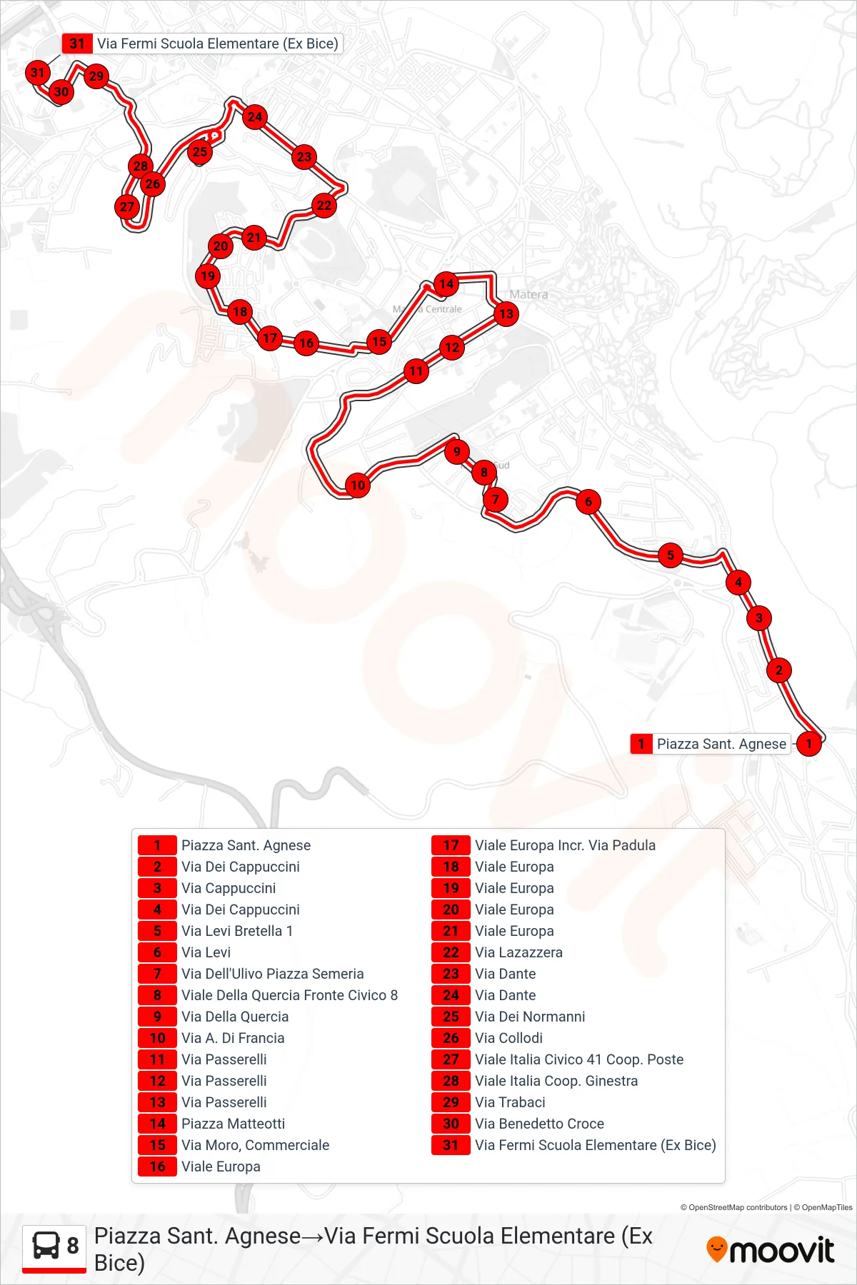 Linea 8  tram (Piazza Sant. Agnese‎→Via Fermi Scuola Elementare (Ex Bice)) - Percorsi e fermate sulla mappa