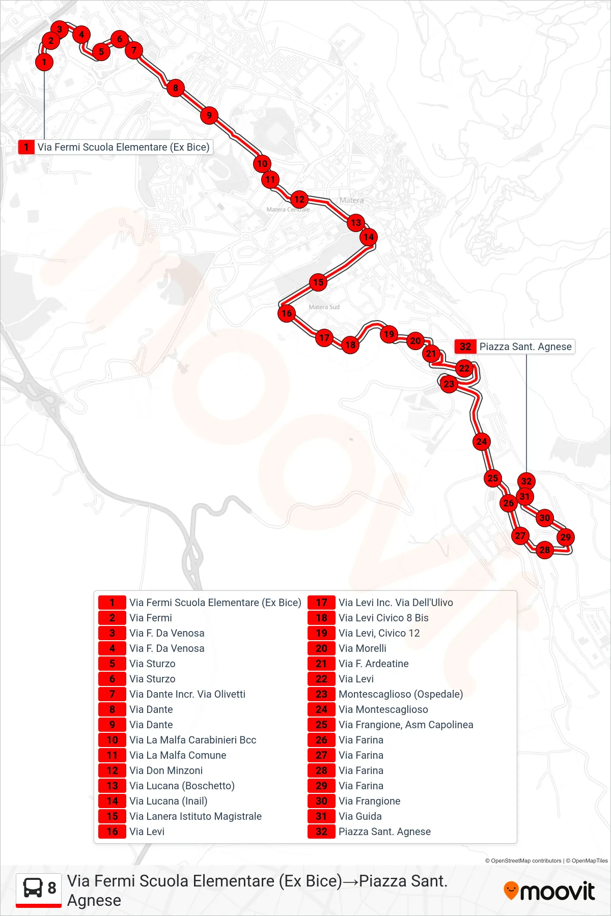 Linea 8  tram (Via Fermi Scuola Elementare (Ex Bice)‎→Piazza Sant. Agnese) - Percorsi e fermate sulla mappa
