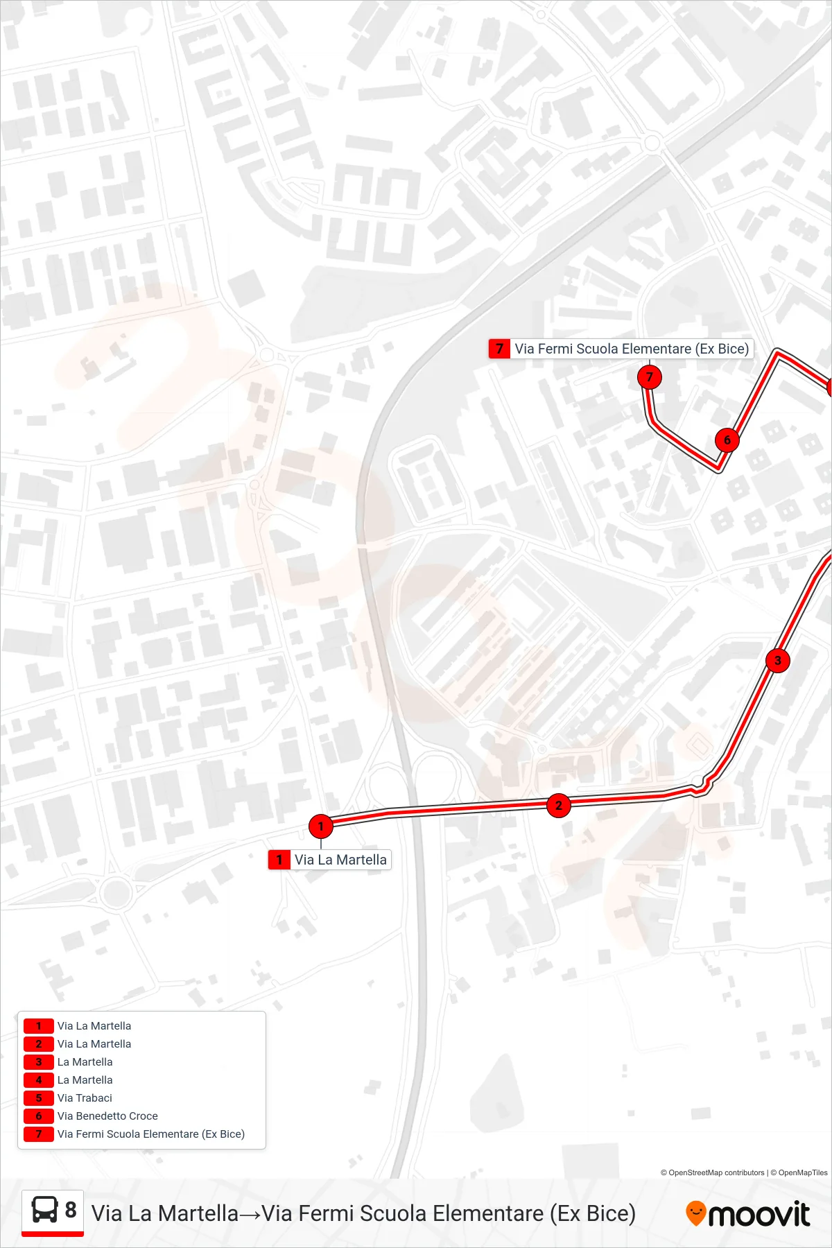 Linea 8  tram (Via La Martella‎→Via Fermi Scuola Elementare (Ex Bice)) - Percorsi e fermate sulla mappa