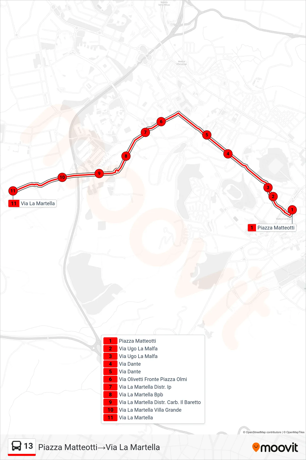 Linea 13 tram (Piazza Matteotti→Via La Martella) - Percorsi e fermate sulla mappa