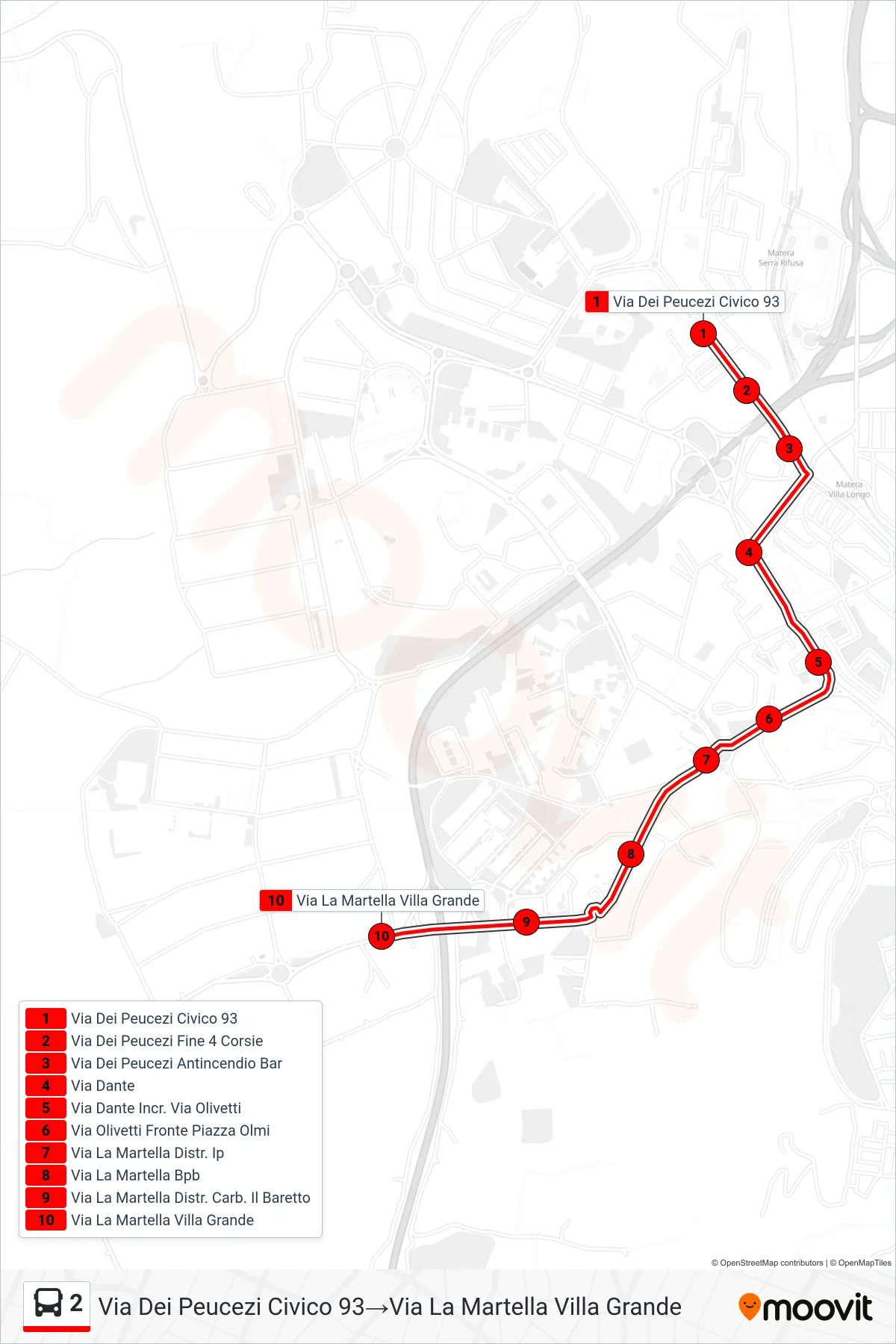 Linea 2 tram (Via Dei Peucezi Civico 93→Via La Martella Villa Grande) - Percorsi e fermate sulla mappa