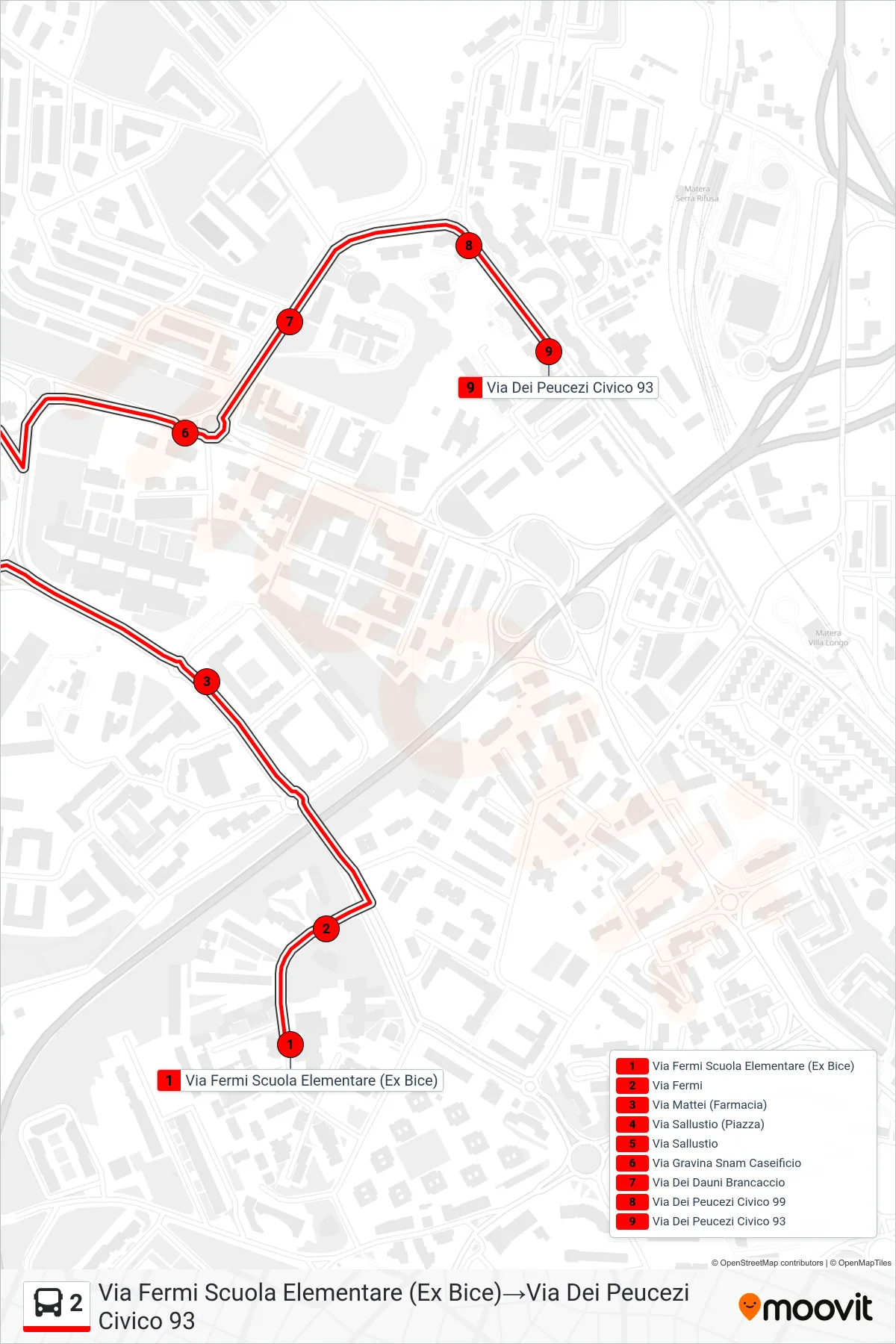 Linea 2 tram (Via Fermi Scuola Elementare (Ex Bice)→Via Dei Peucezi Civico 93) - Percorsi e fermate sulla mappa
