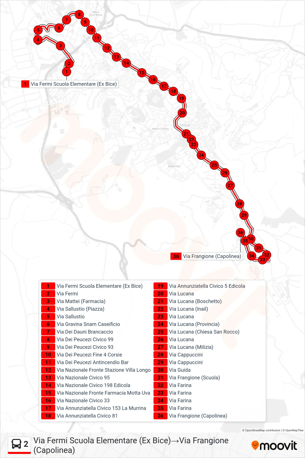 Linea 2 tram (Via Fermi Scuola Elementare (Ex Bice)→Via Frangione (Capolinea)) - Percorsi e fermate sulla mappa