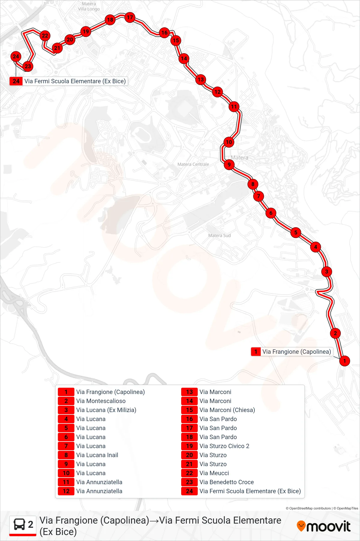 Linea 2 tram (Via Frangione (Capolinea)→Via Fermi Scuola Elementare (Ex Bice)) - Percorsi e fermate sulla mappa