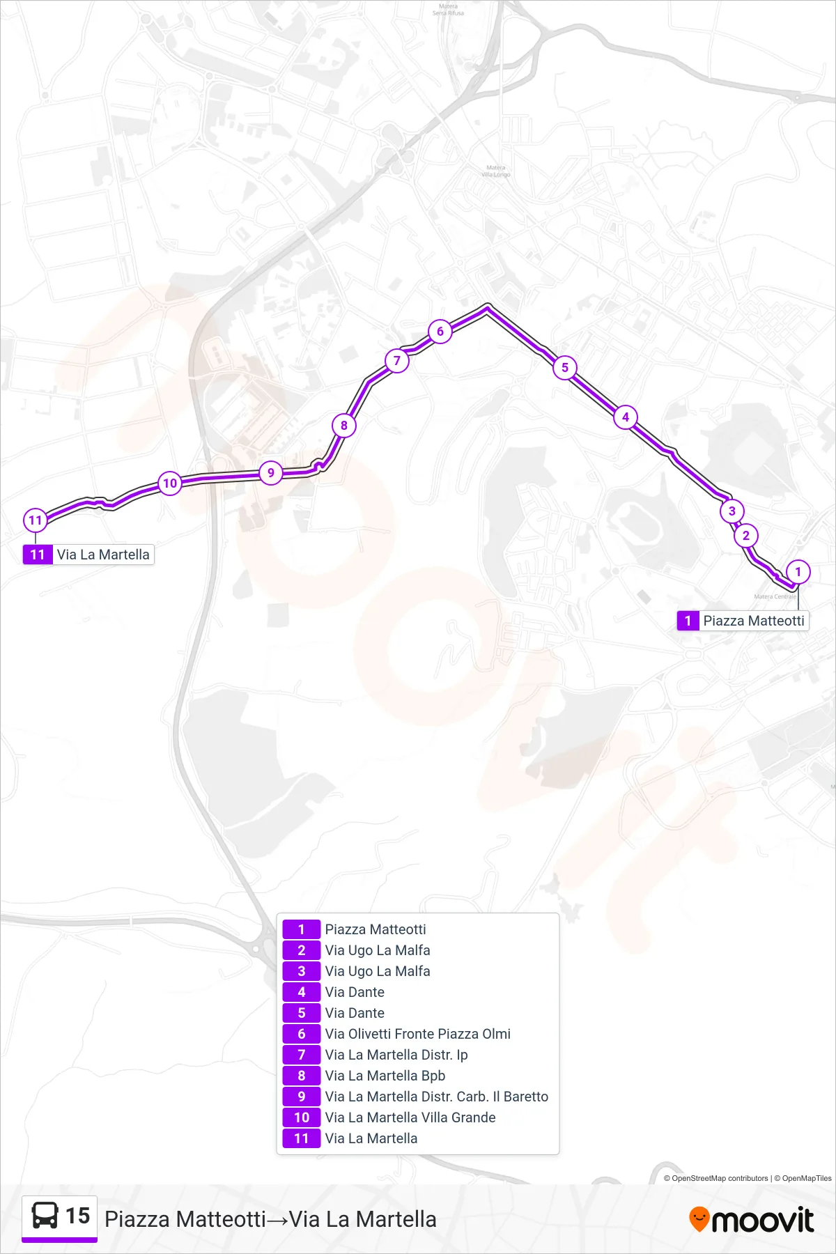 Linea 15 tram (Piazza Matteotti→Via La Martella) - Percorsi e fermate sulla mappa