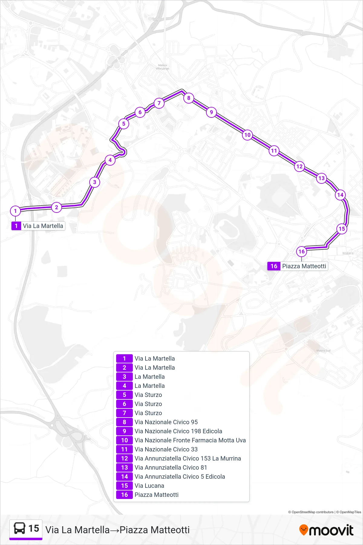 Linea 15 tram (Via La Martella→Piazza Matteotti) - Percorsi e fermate sulla mappa