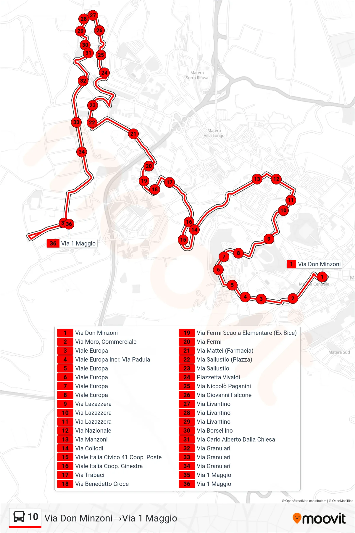 Linea 10 tram (Via Don Minzoni→Via 1 Maggio) - Percorsi e fermate sulla mappa