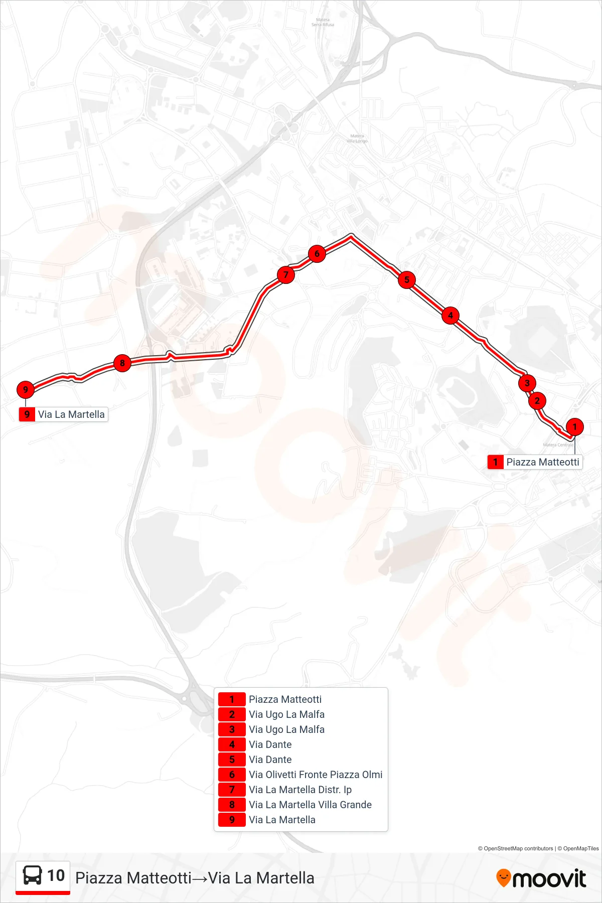 Linea 10 tram (Piazza Matteotti→Via La Martella) - Percorsi e fermate sulla mappa