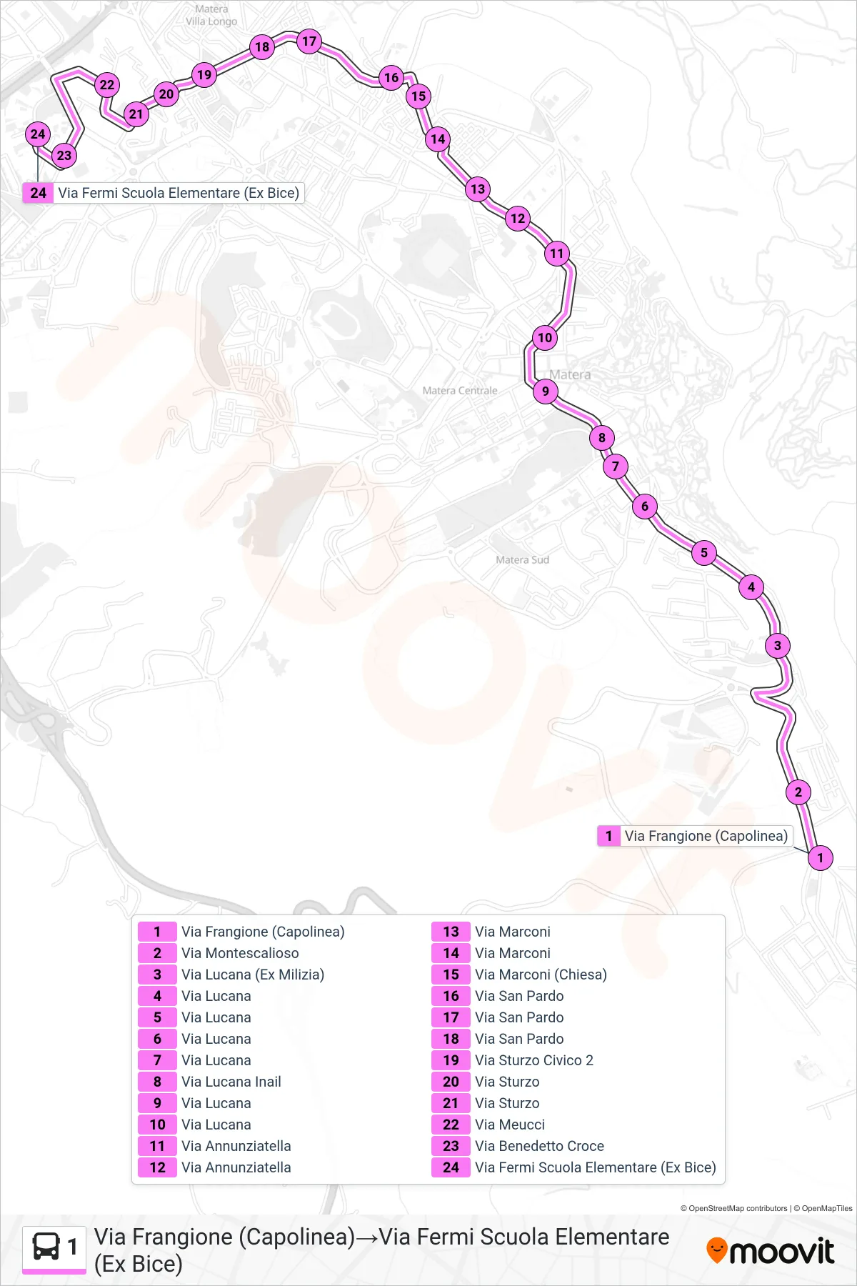 Linea 1  tram (Via Frangione (Capolinea)‎→Via Fermi Scuola Elementare (Ex Bice)) - Percorsi e fermate sulla mappa
