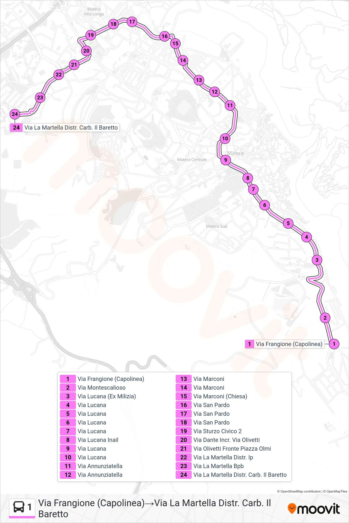 Linea 1  tram (Via Frangione (Capolinea)‎→Via La Martella Distr. Carb.  Il Baretto) - Percorsi e fermate sulla mappa