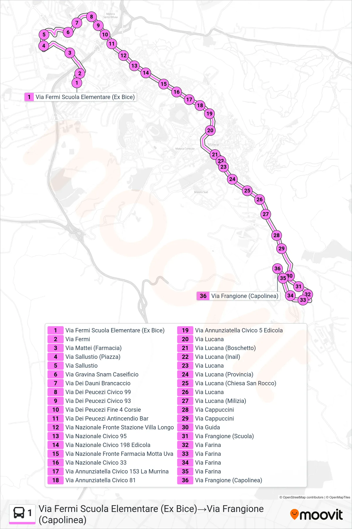 Linea 1 tram (Via Fermi Scuola Elementare (Ex Bice)→Via Frangione (Capolinea)) - Percorsi e fermate sulla mappa
