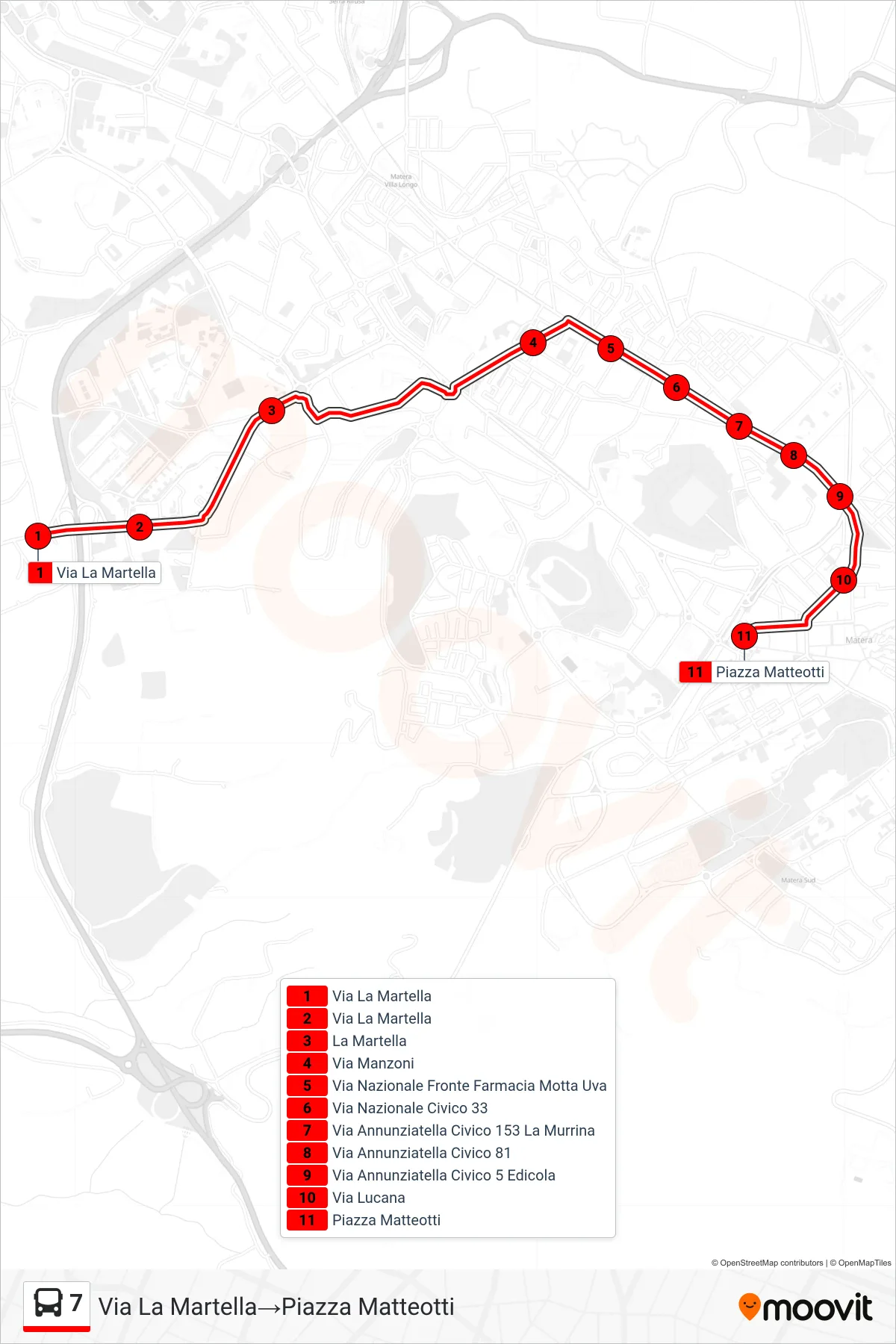 Linea 7 tram (Via La Martella→Piazza Matteotti) - Percorsi e fermate sulla mappa