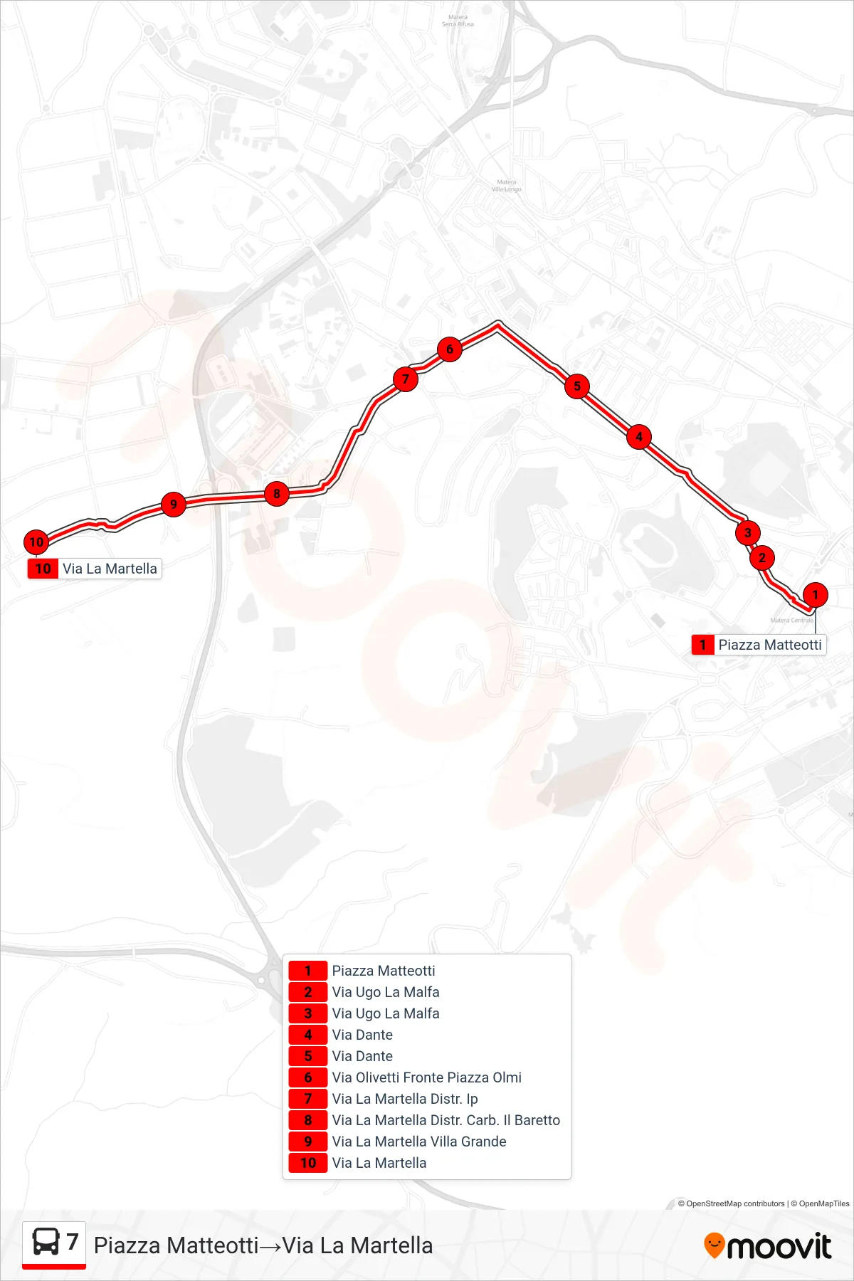 Linea 7 tram (Piazza Matteotti→Via La Martella) - Percorsi e fermate sulla mappa