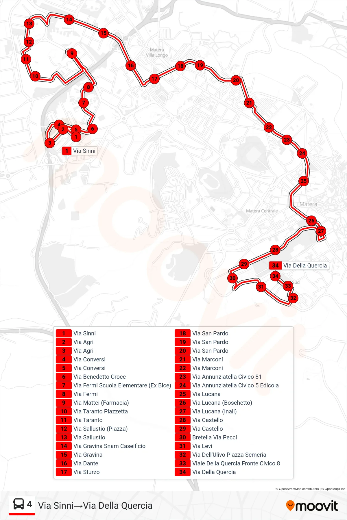 Linea 4 tram (Via Sinni→Via Della Quercia) - Percorsi e fermate sulla mappa