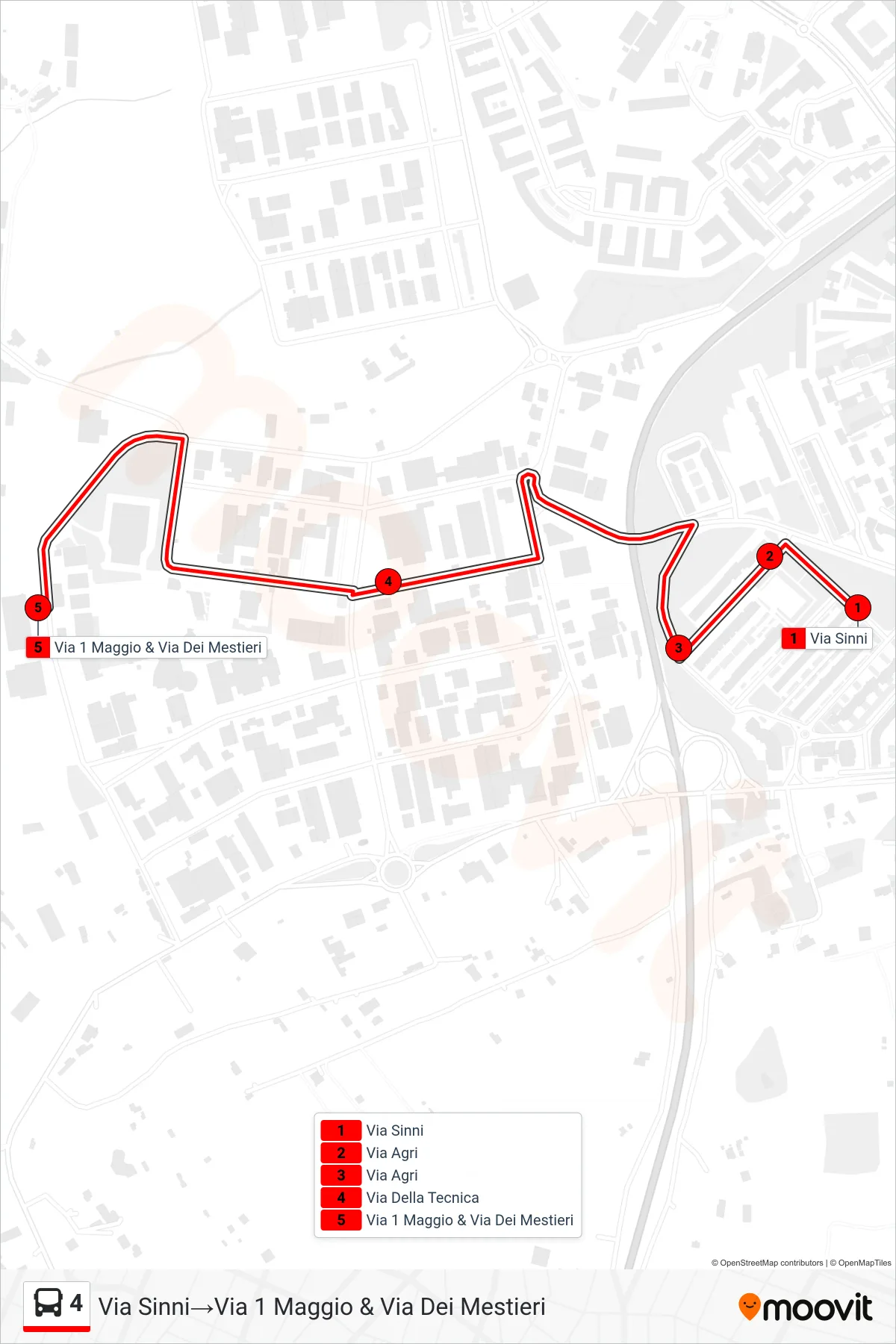 Linea 4 tram (Via Sinni→Via 1 Maggio & Via Dei Mestieri) - Percorsi e fermate sulla mappa