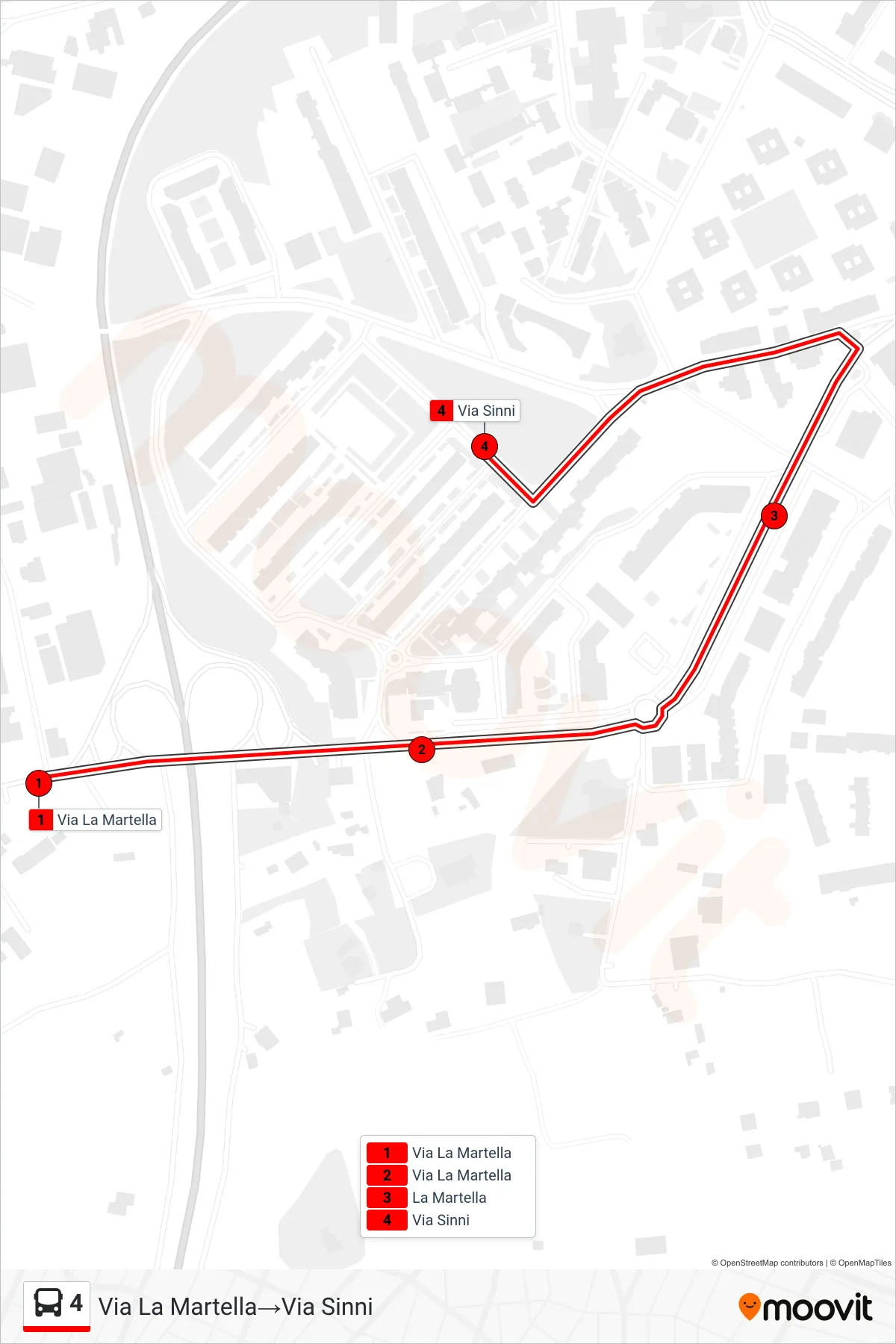 Linea 4 tram (Via La Martella→Via Sinni) - Percorsi e fermate sulla mappa