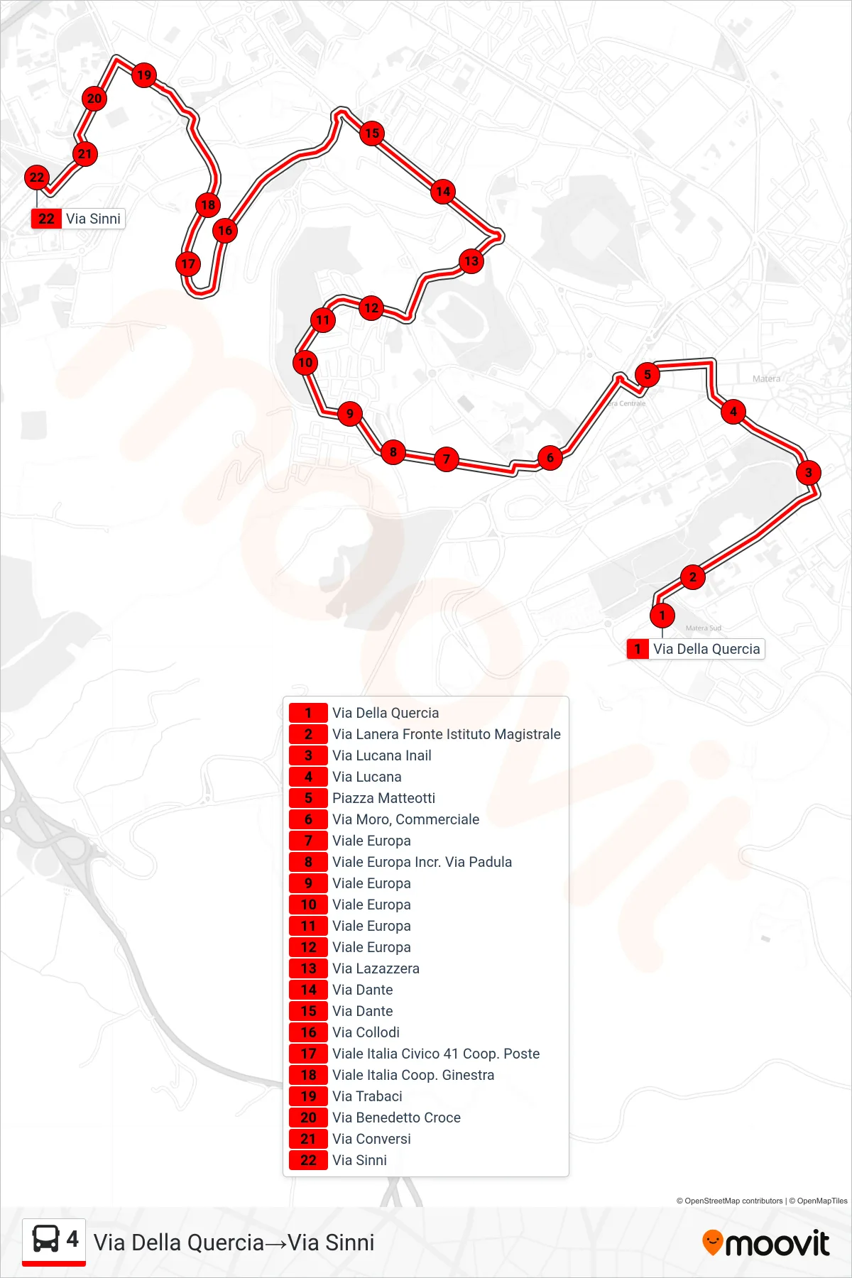 Linea 4  tram (Via Della Quercia‎→Via Sinni) - Percorsi e fermate sulla mappa