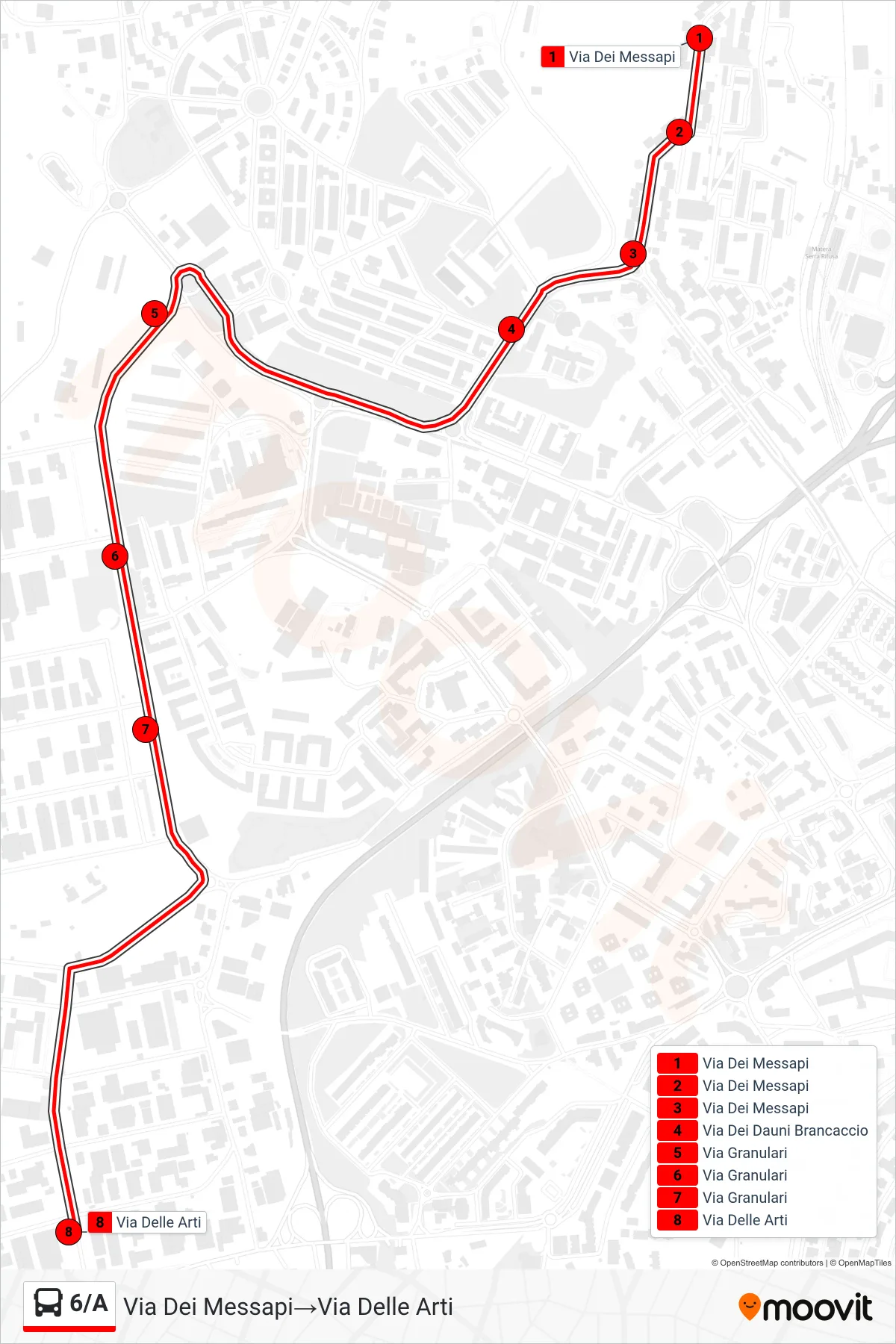 Linea 6/A tram (Via Dei Messapi→Via Delle Arti) - Percorsi e fermate sulla mappa