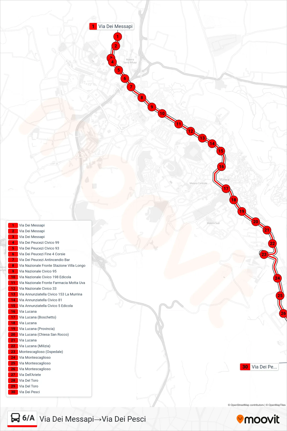 Linea 6/A  tram (Via Dei Messapi‎→Via Dei Pesci) - Percorsi e fermate sulla mappa