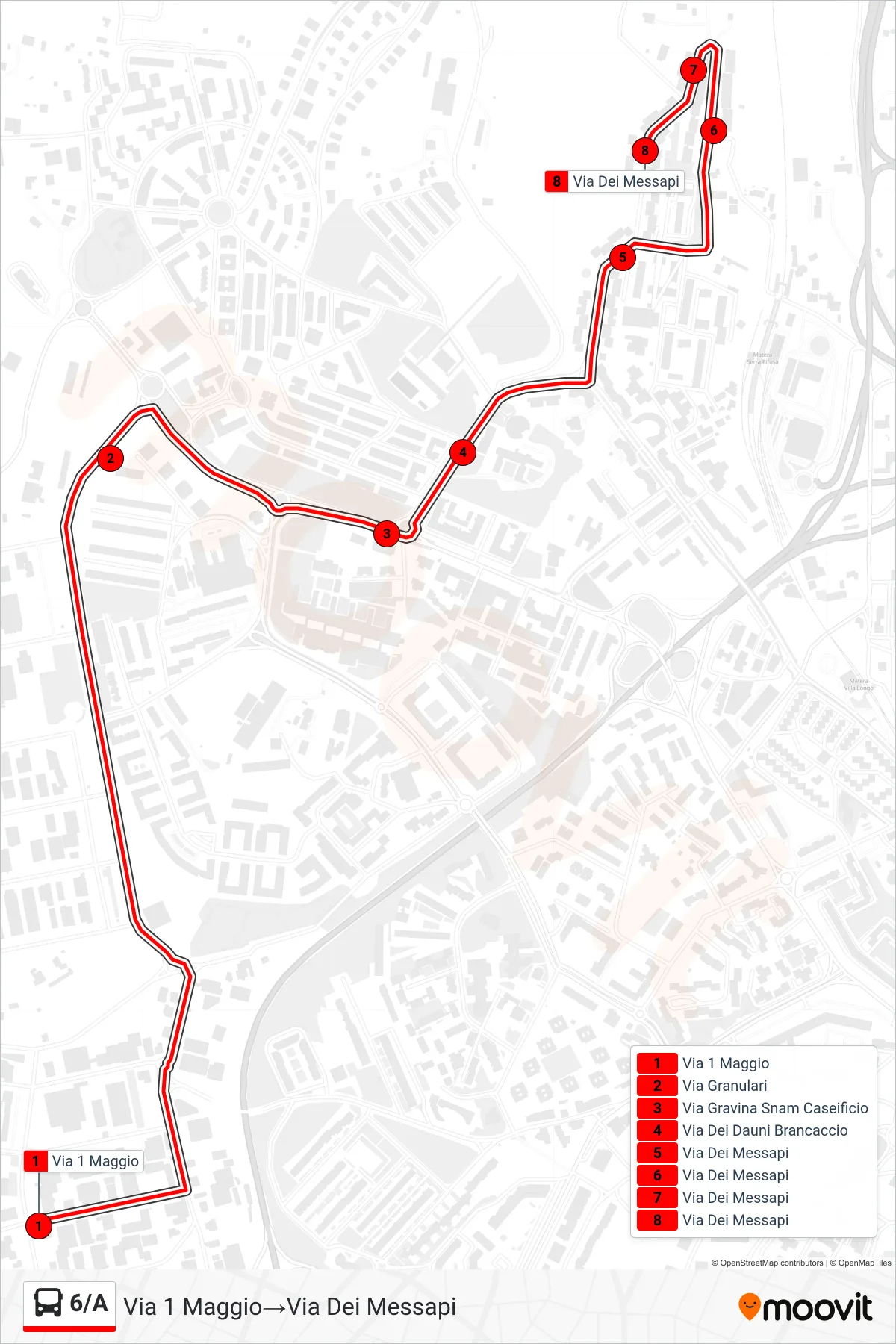 Linea 6/A tram (Via 1 Maggio→Via Dei Messapi) - Percorsi e fermate sulla mappa