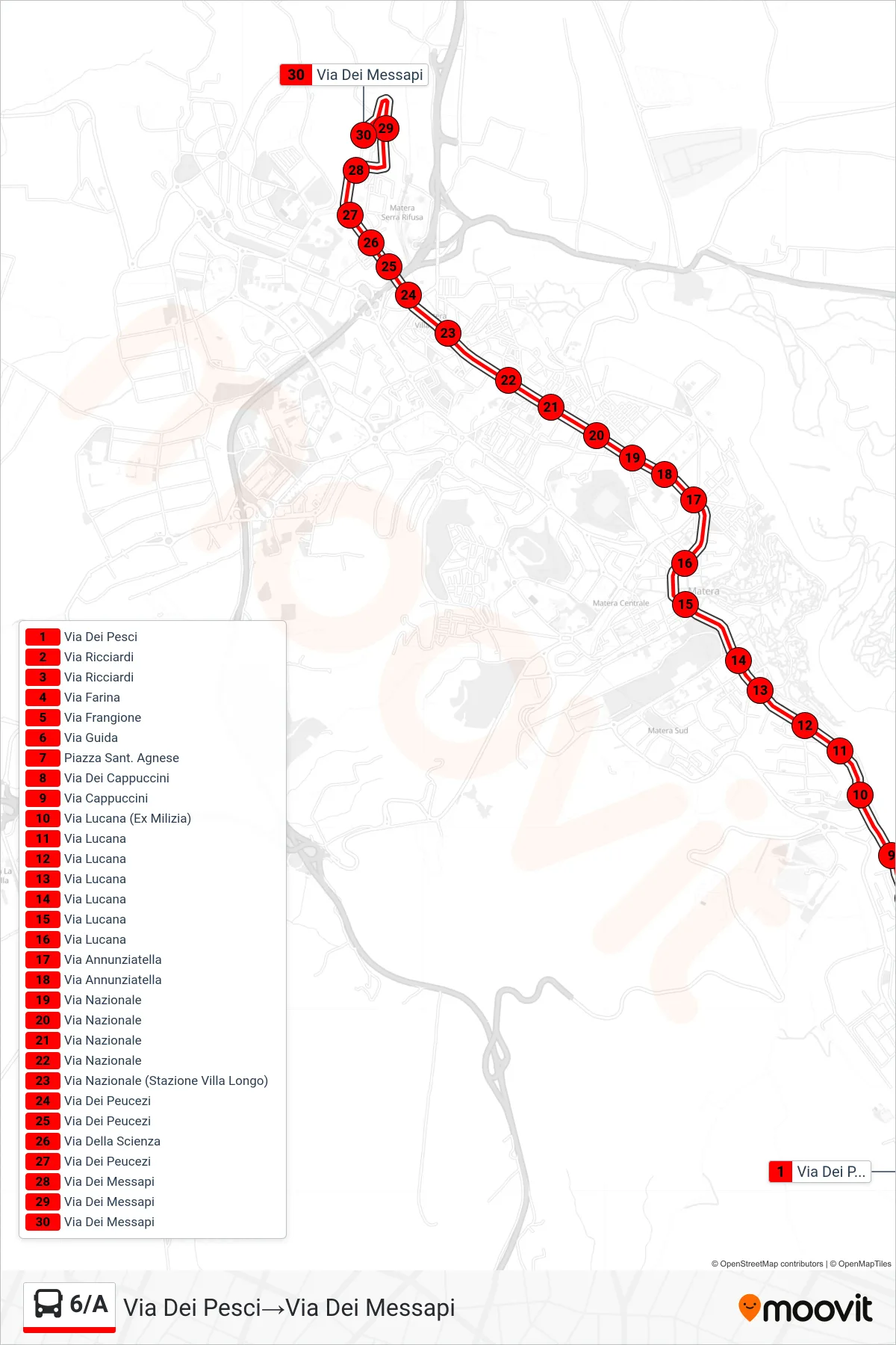 Linea 6/A tram (Via Dei Pesci→Via Dei Messapi) - Percorsi e fermate sulla mappa