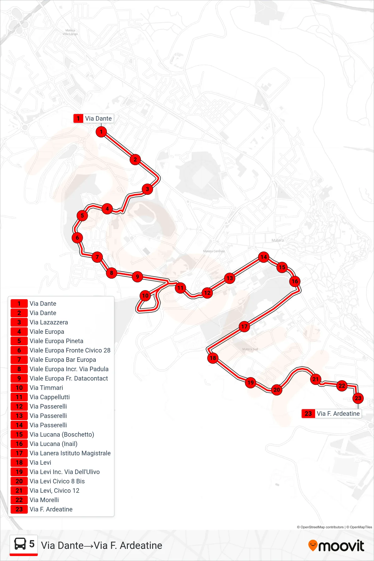 Linea 5  tram (Via Dante‎→Via F. Ardeatine) - Percorsi e fermate sulla mappa