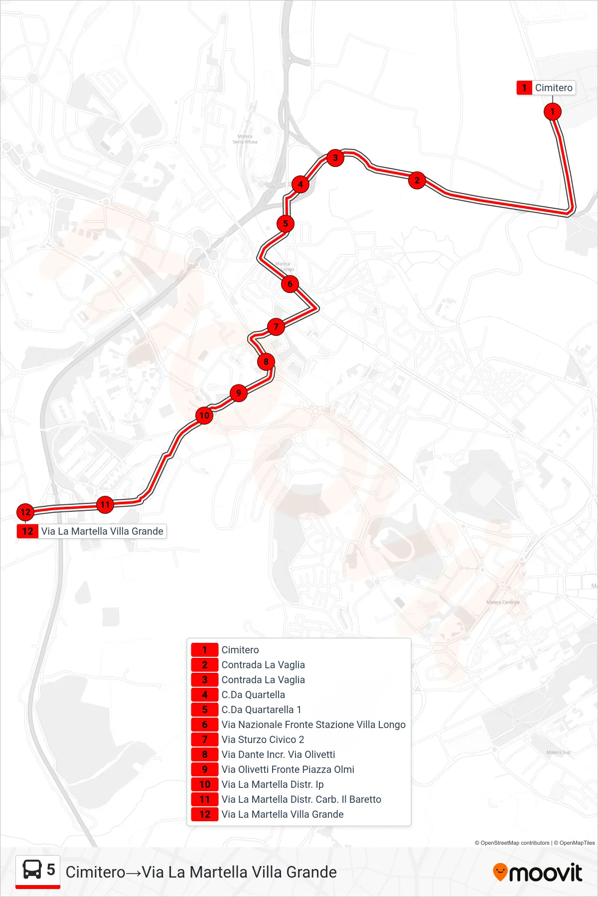 Linea 5  tram (Cimitero‎→Via La Martella Villa Grande) - Percorsi e fermate sulla mappa
