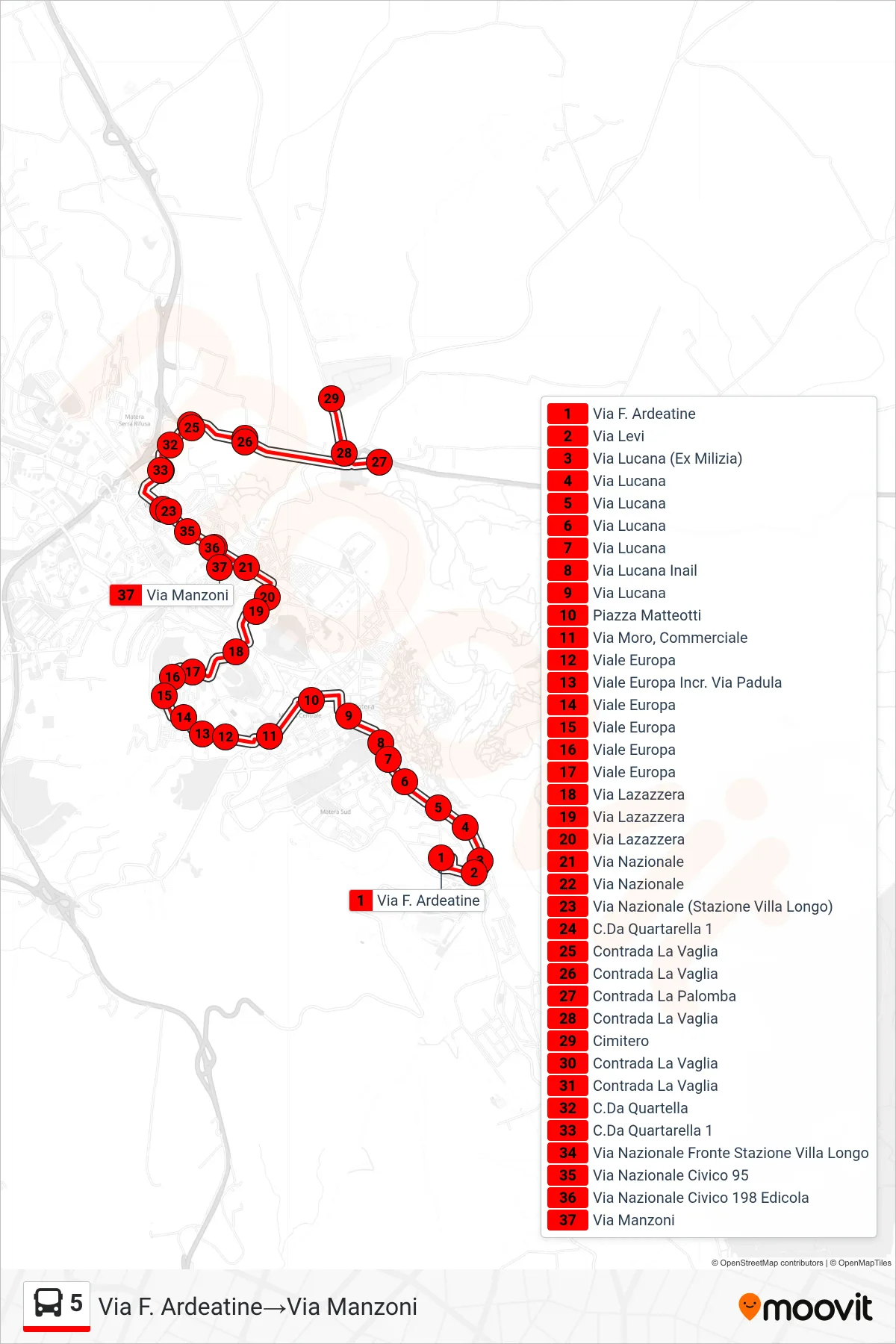 Linea 5  tram (Via F. Ardeatine‎→Via Manzoni) - Percorsi e fermate sulla mappa