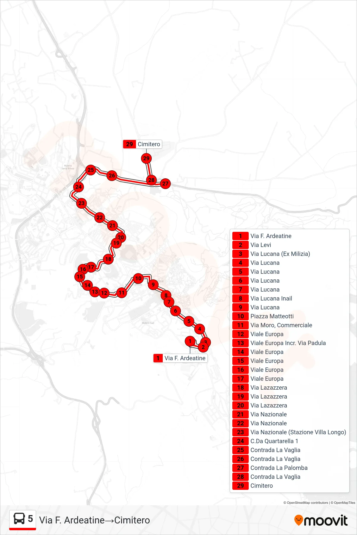 Linea 5 tram (Via F. Ardeatine→Cimitero) - Percorsi e fermate sulla mappa