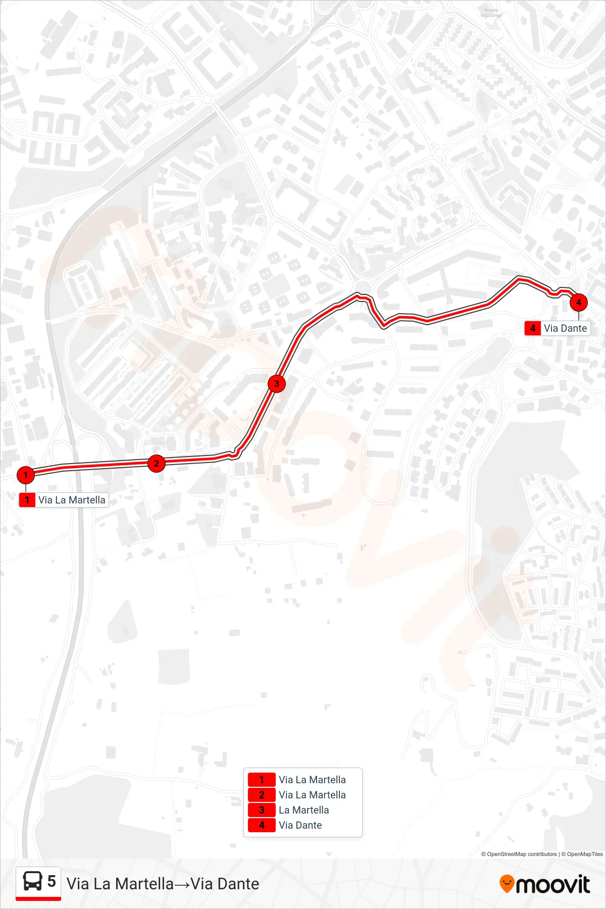 Linea 5  tram (Via La Martella‎→Via Dante) - Percorsi e fermate sulla mappa
