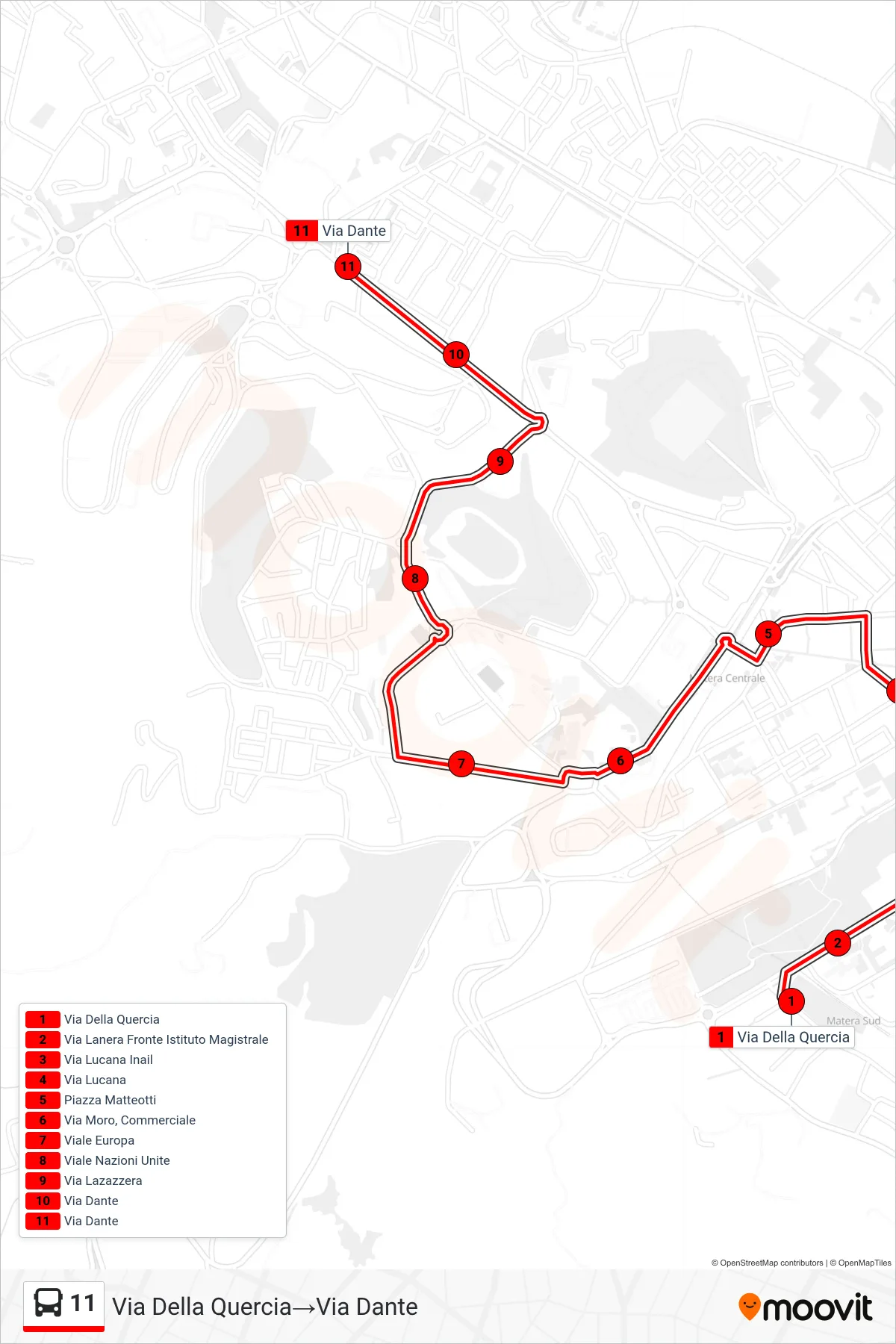 Linea 11  tram (Via Della Quercia‎→Via Dante) - Percorsi e fermate sulla mappa