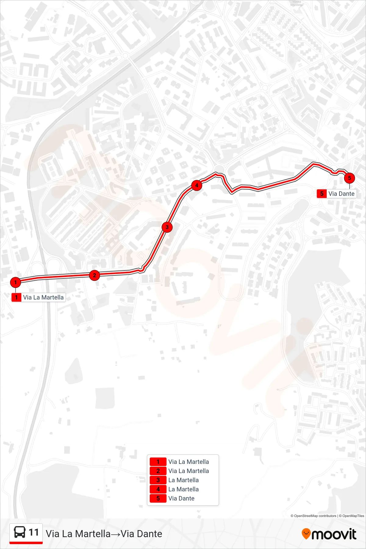 Linea 11 tram (Via La Martella→Via Dante) - Percorsi e fermate sulla mappa