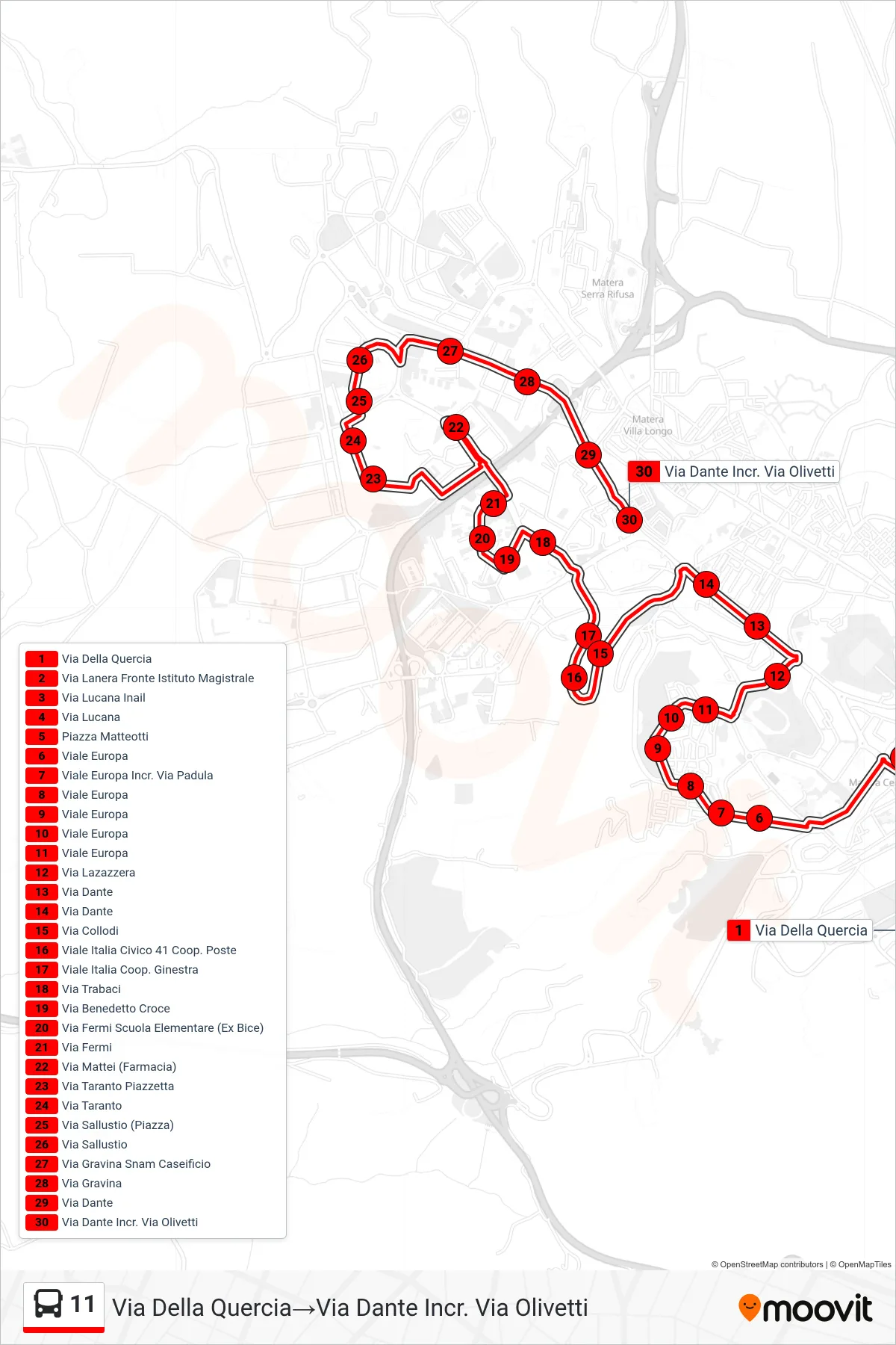 Linea 11 tram (Via Della Quercia→Via Dante Incr. Via Olivetti) - Percorsi e fermate sulla mappa