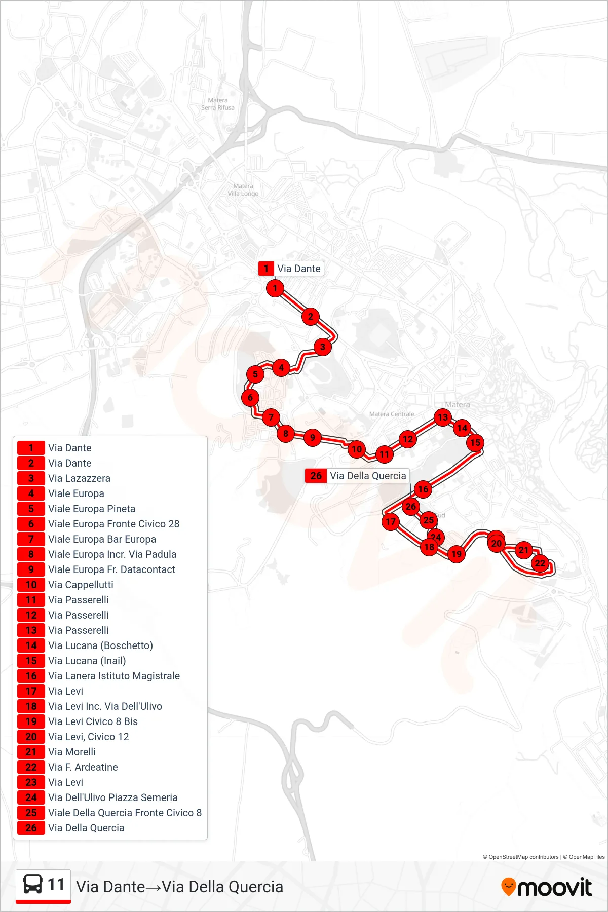 Linea 11  tram (Via Dante‎→Via Della Quercia) - Percorsi e fermate sulla mappa