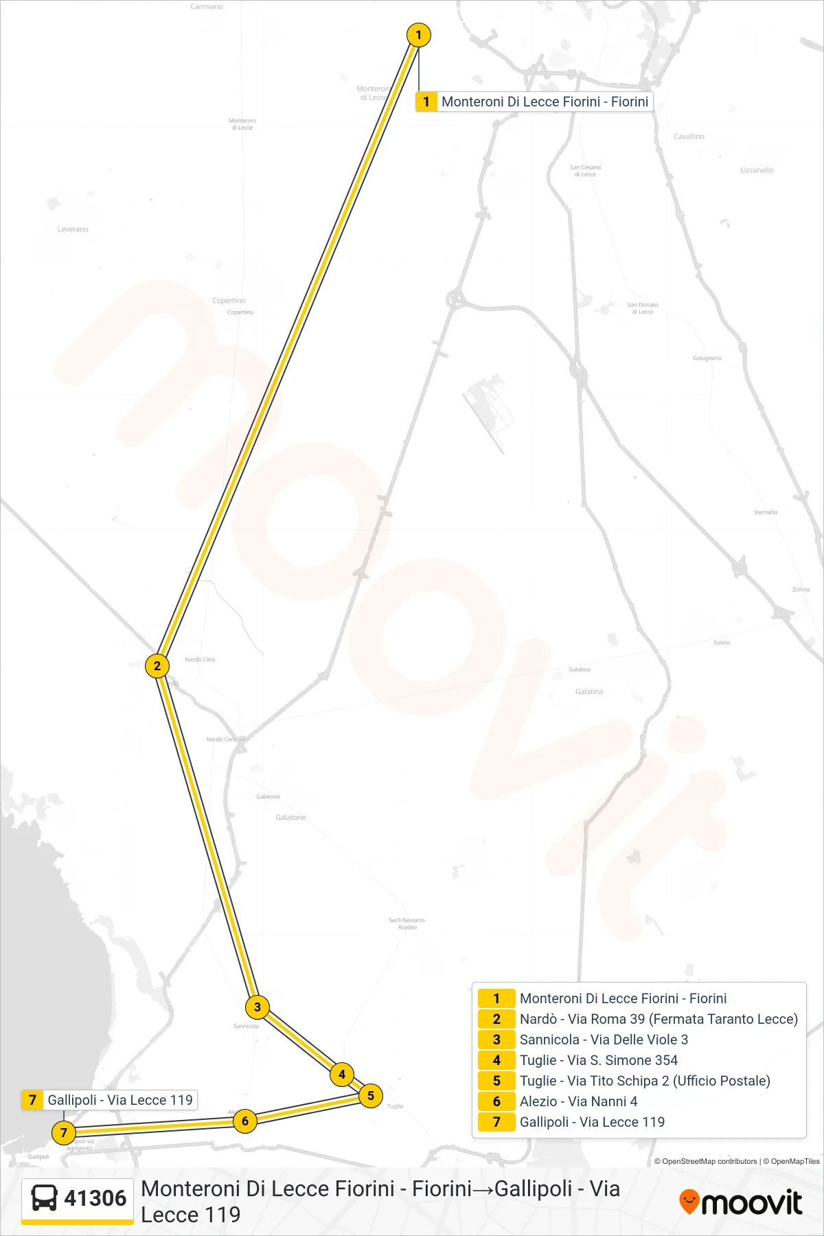 Linea 41306 bus (Monteroni Di Lecce Fiorini - Fiorini→Gallipoli - Via Lecce 119) - Percorsi e fermate sulla mappa