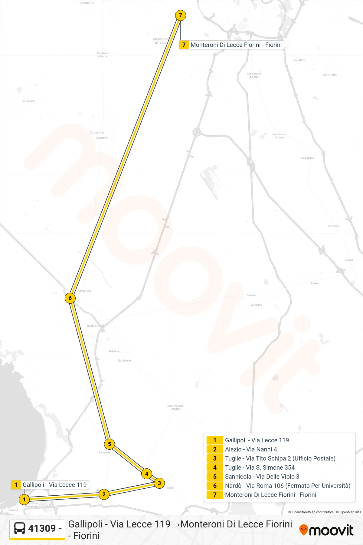 Linea 41309 - bus (Gallipoli - Via Lecce 119→Monteroni Di Lecce Fiorini - Fiorini) - Percorsi e fermate sulla mappa